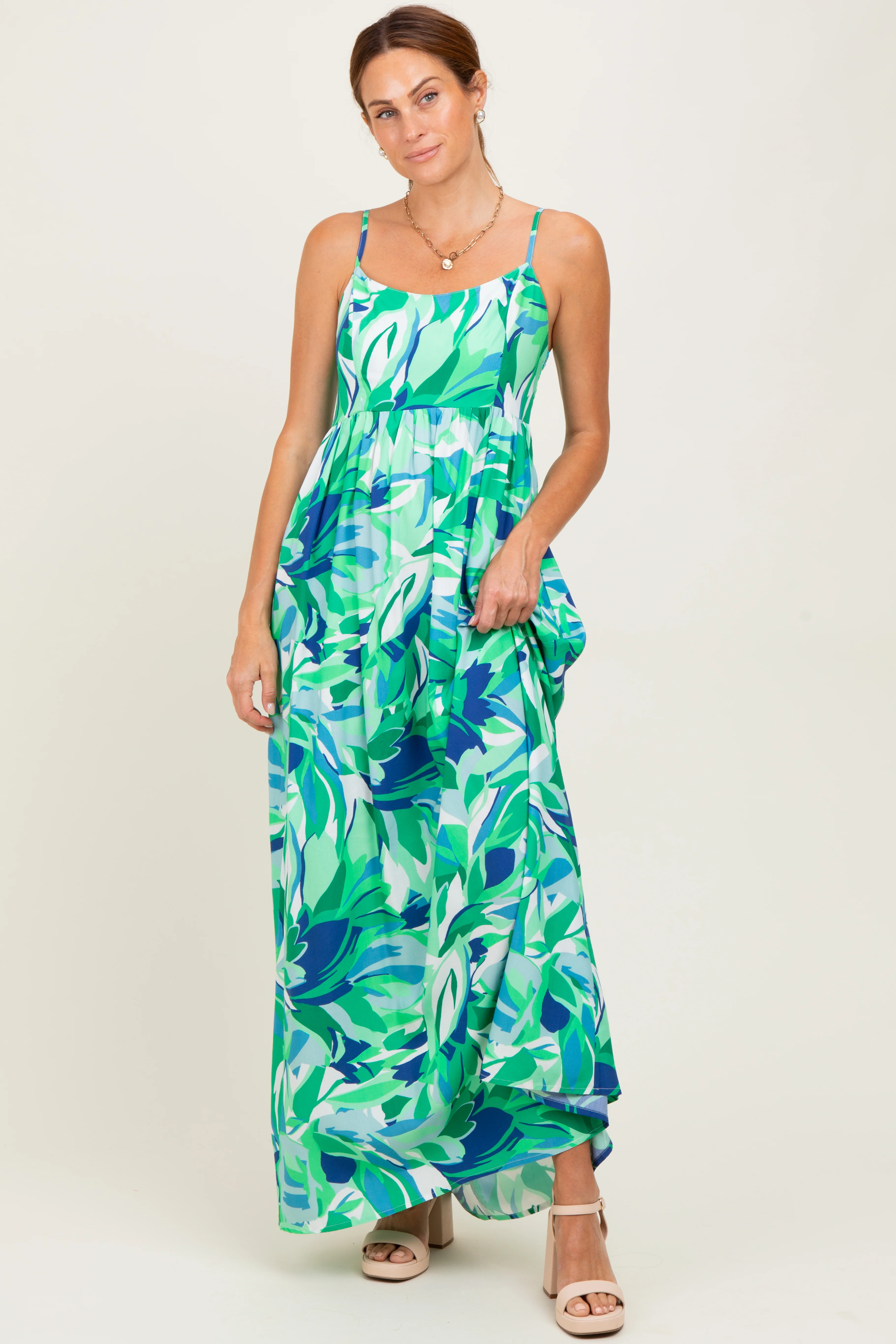 Green Printed Shoulder Tie Maternity Maxi Dress - Image 5