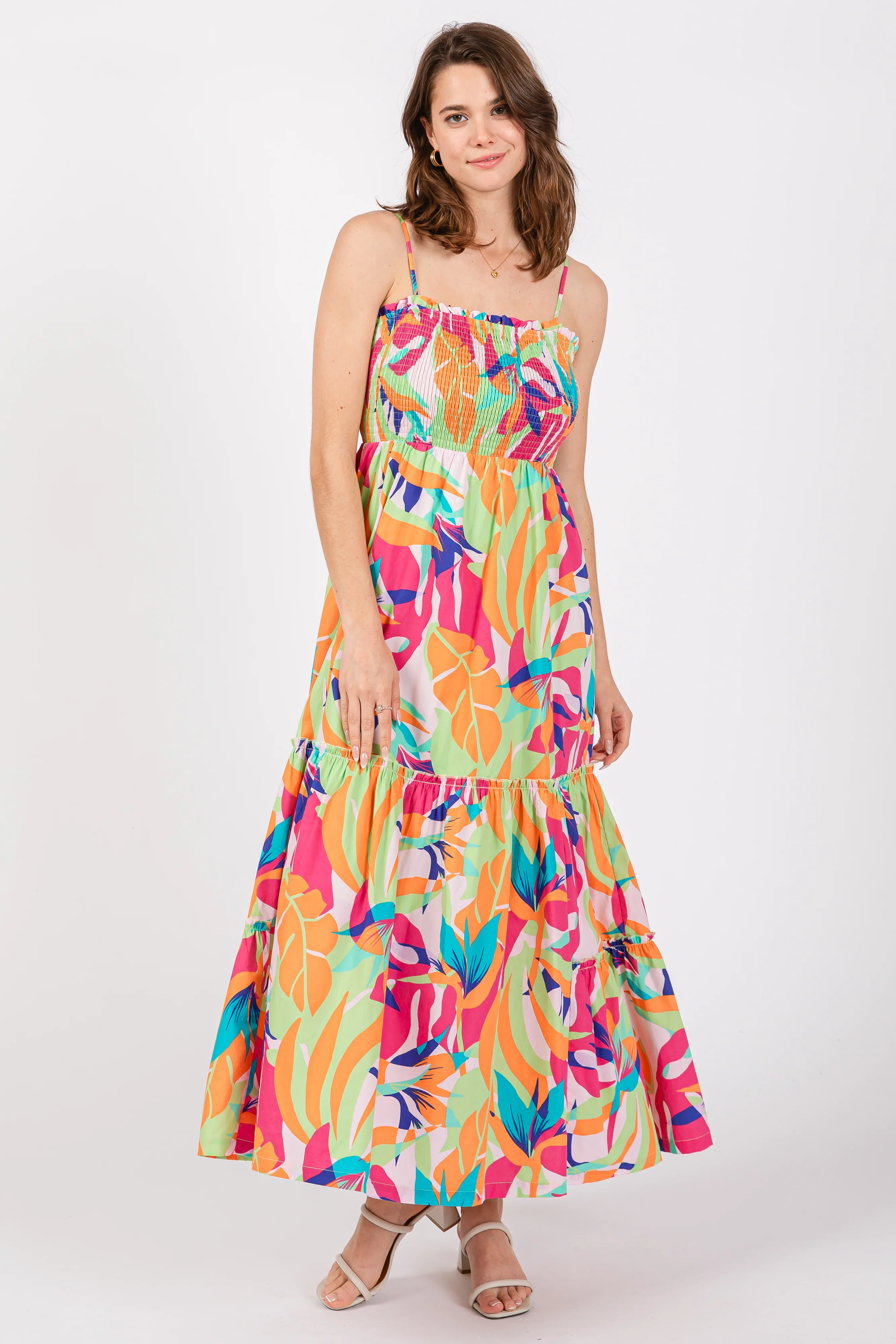 Green Printed Smocked Bodice Tiered Maternity Maxi Dress - Image 4