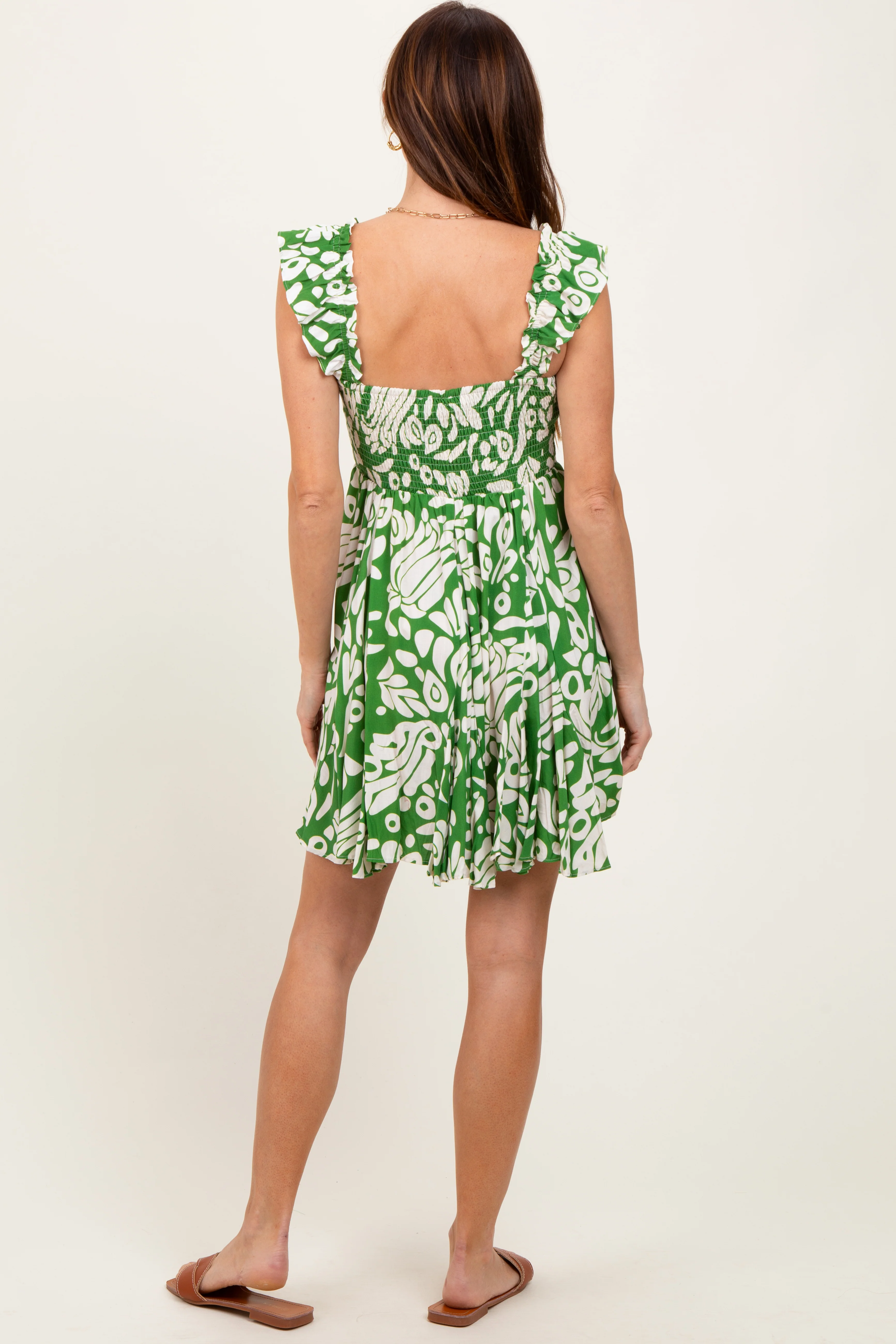 Green Printed Smocked Ruffle Strap Dress - Image 4