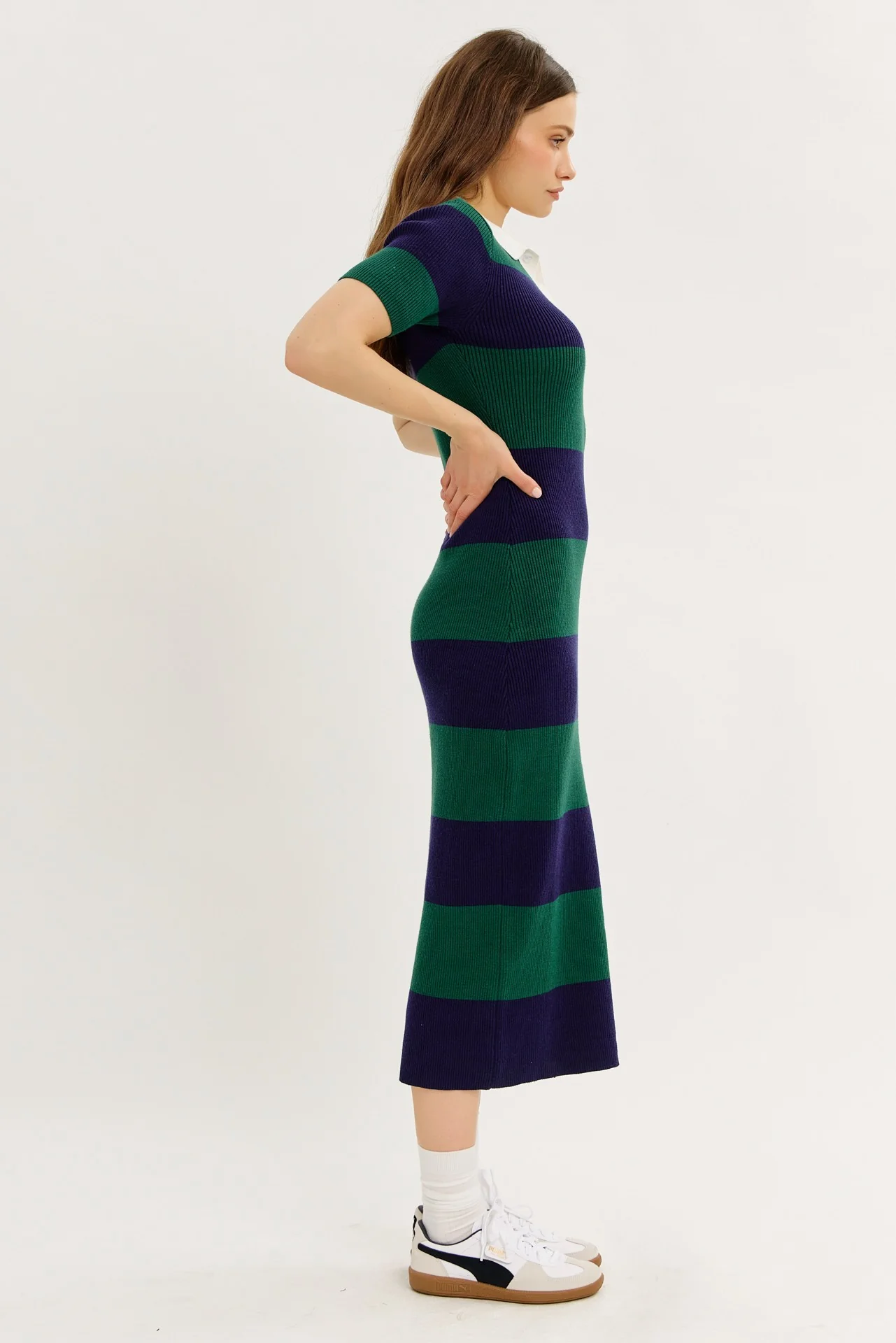 Green Ribbed Striped Knit Polo Midi Dress - Image 3