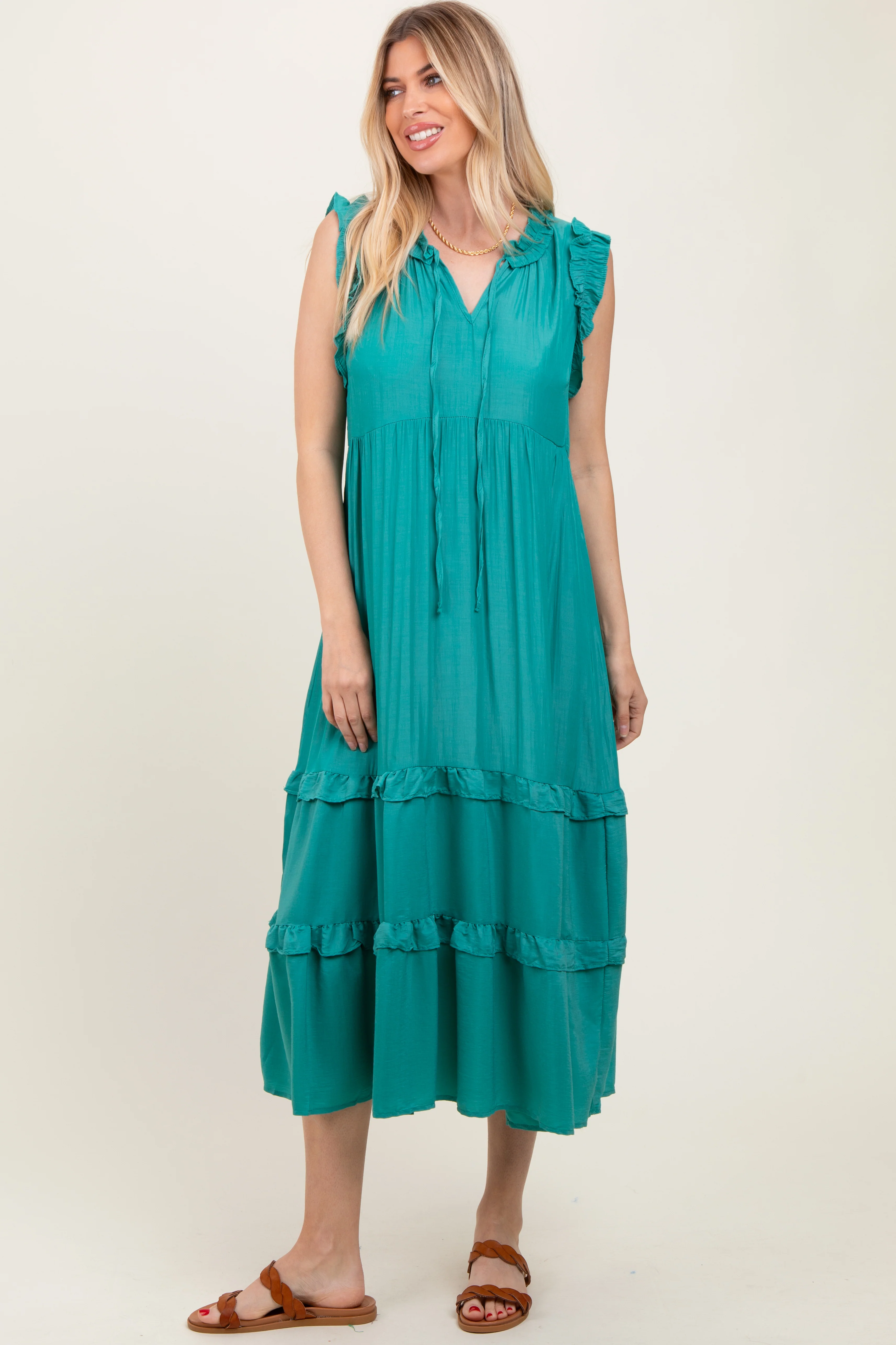 Green Ruffle Accent Tiered Front Tie Maternity Midi Dress - Image 4