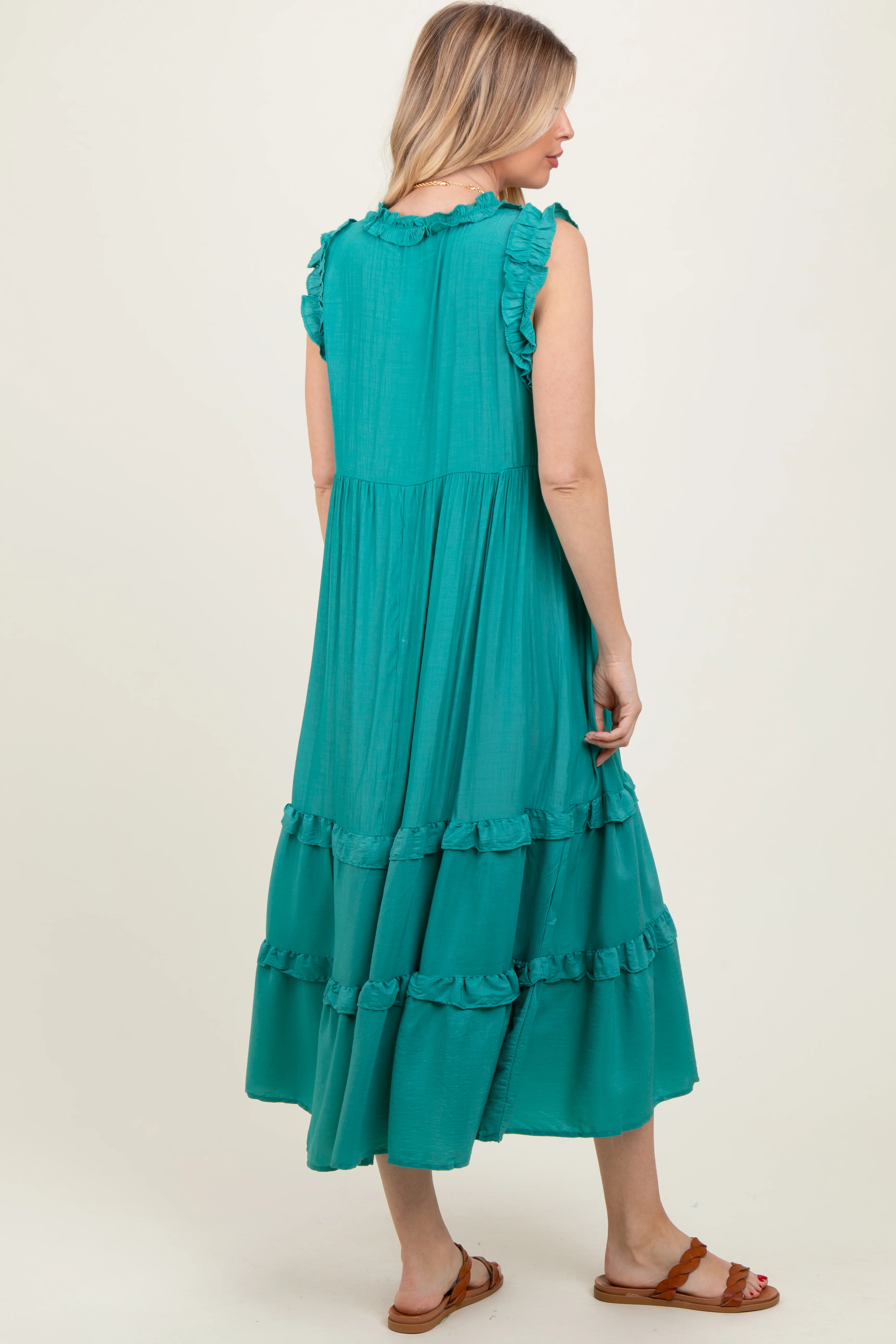 Green Ruffle Accent Tiered Front Tie Midi Dress - Image 4
