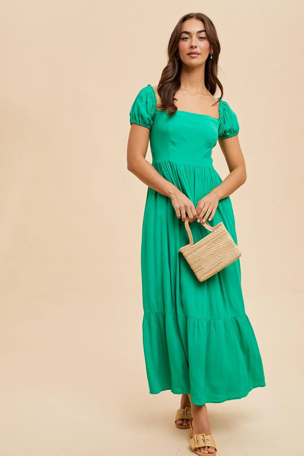 Green Ruffle Detail Square Neck Maxi Dress - Image 3