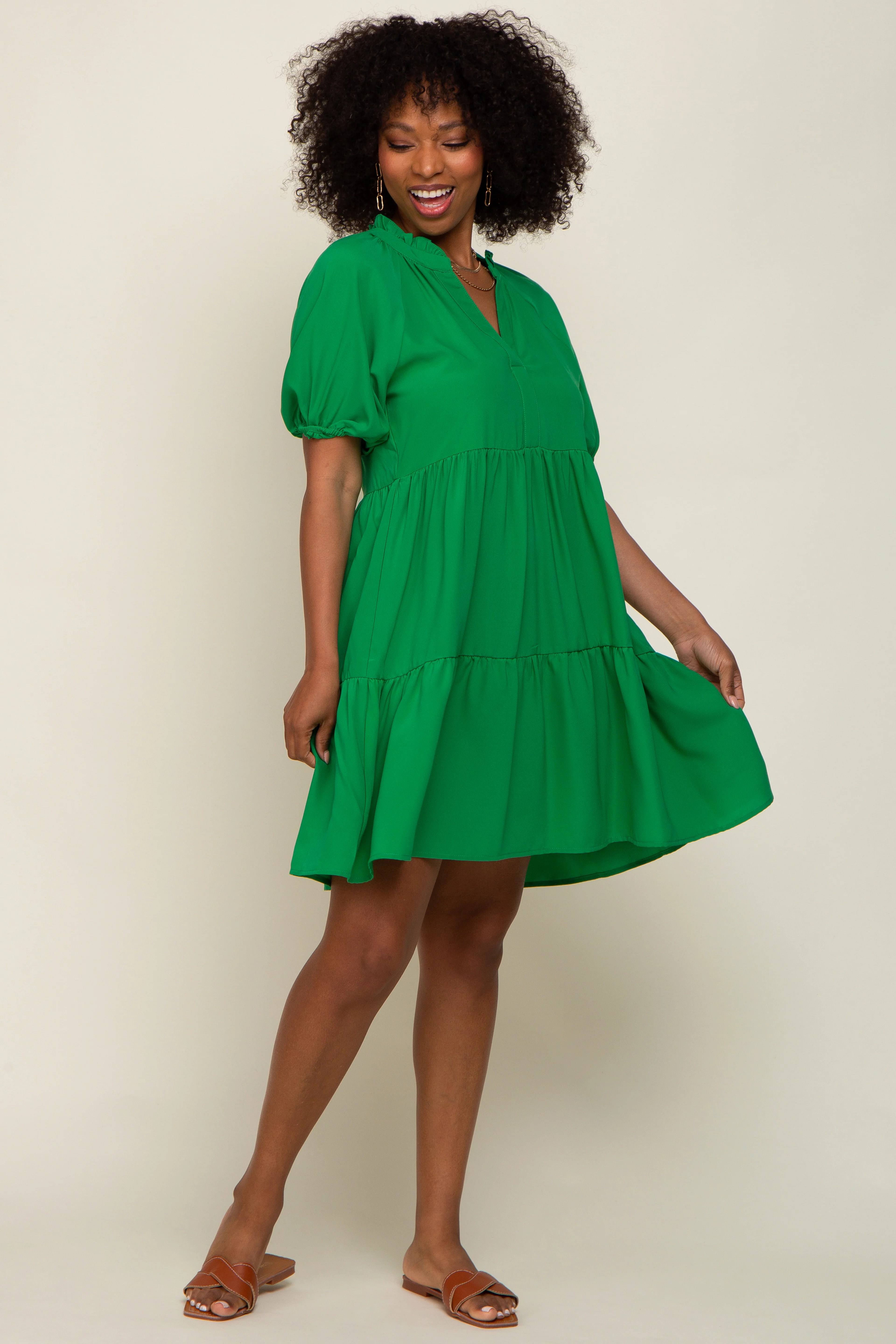 Green Satin Ruffle V-Neck Short Sleeve Maternity Dress - Image 6