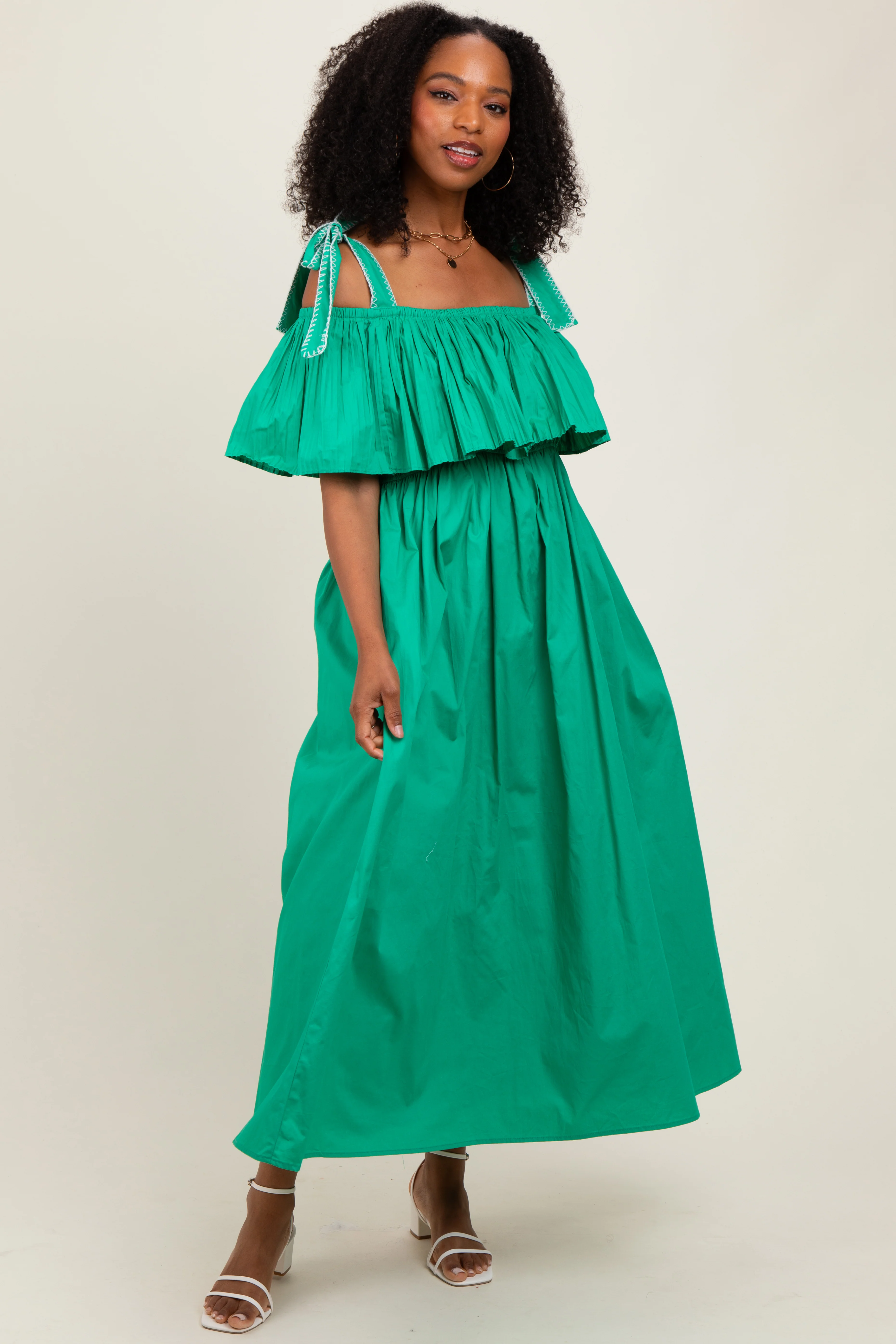 Green Shoulder Tie Flounce Maternity Midi Dress - Image 4