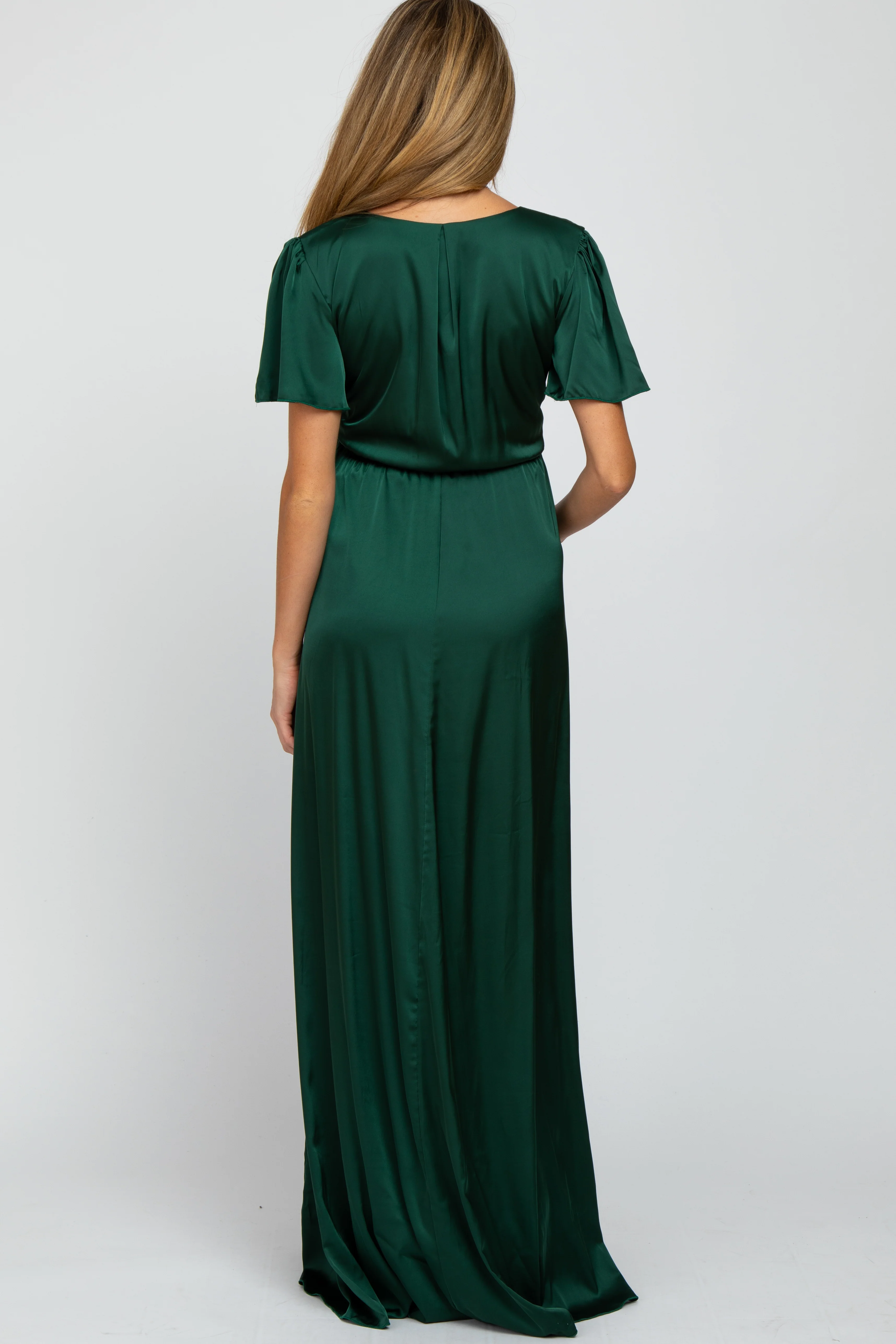 Green Side Slit Satin Maternity Maxi Dress - Image 3