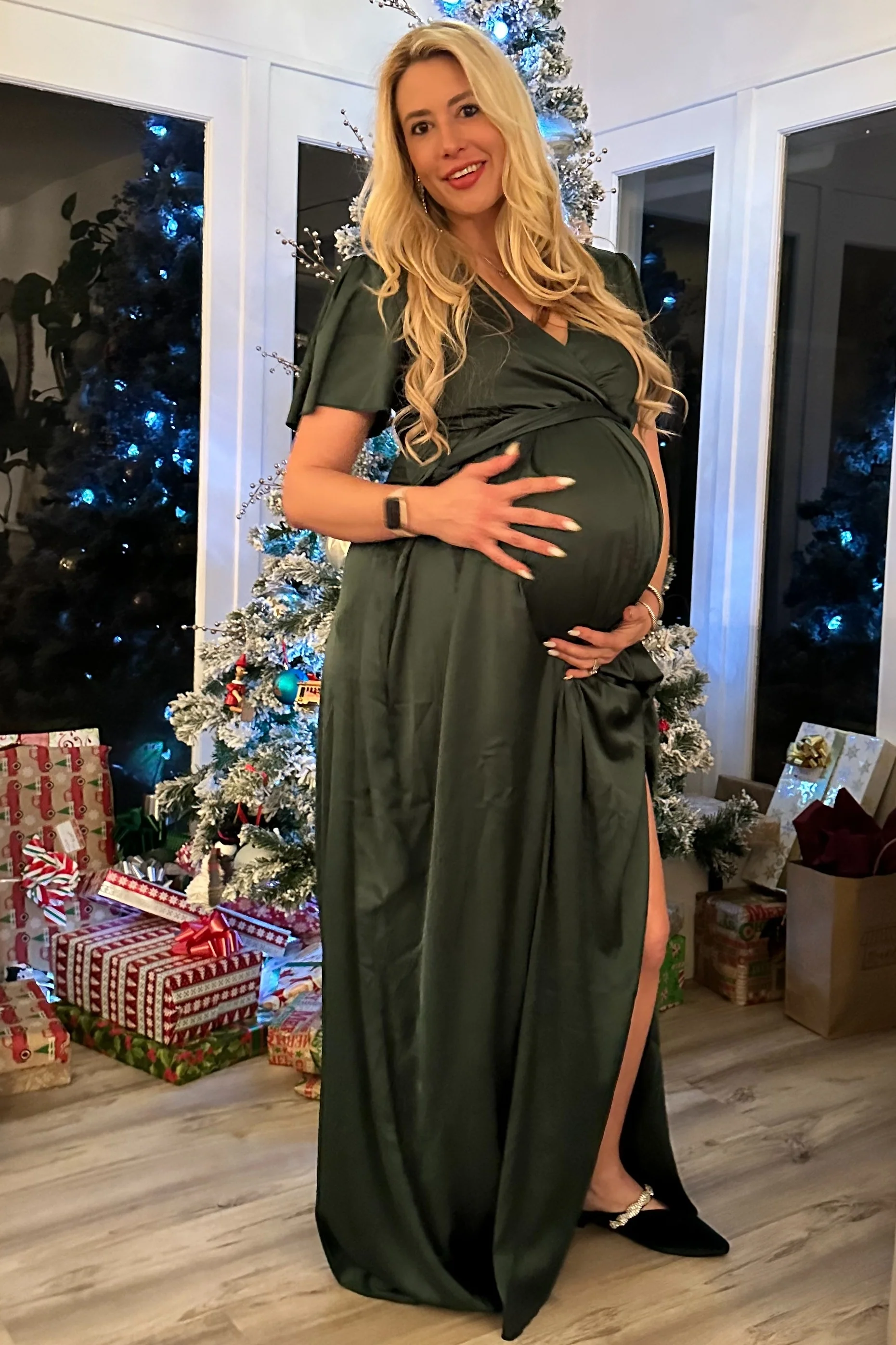 Green Side Slit Satin Maternity Maxi Dress - Image 4