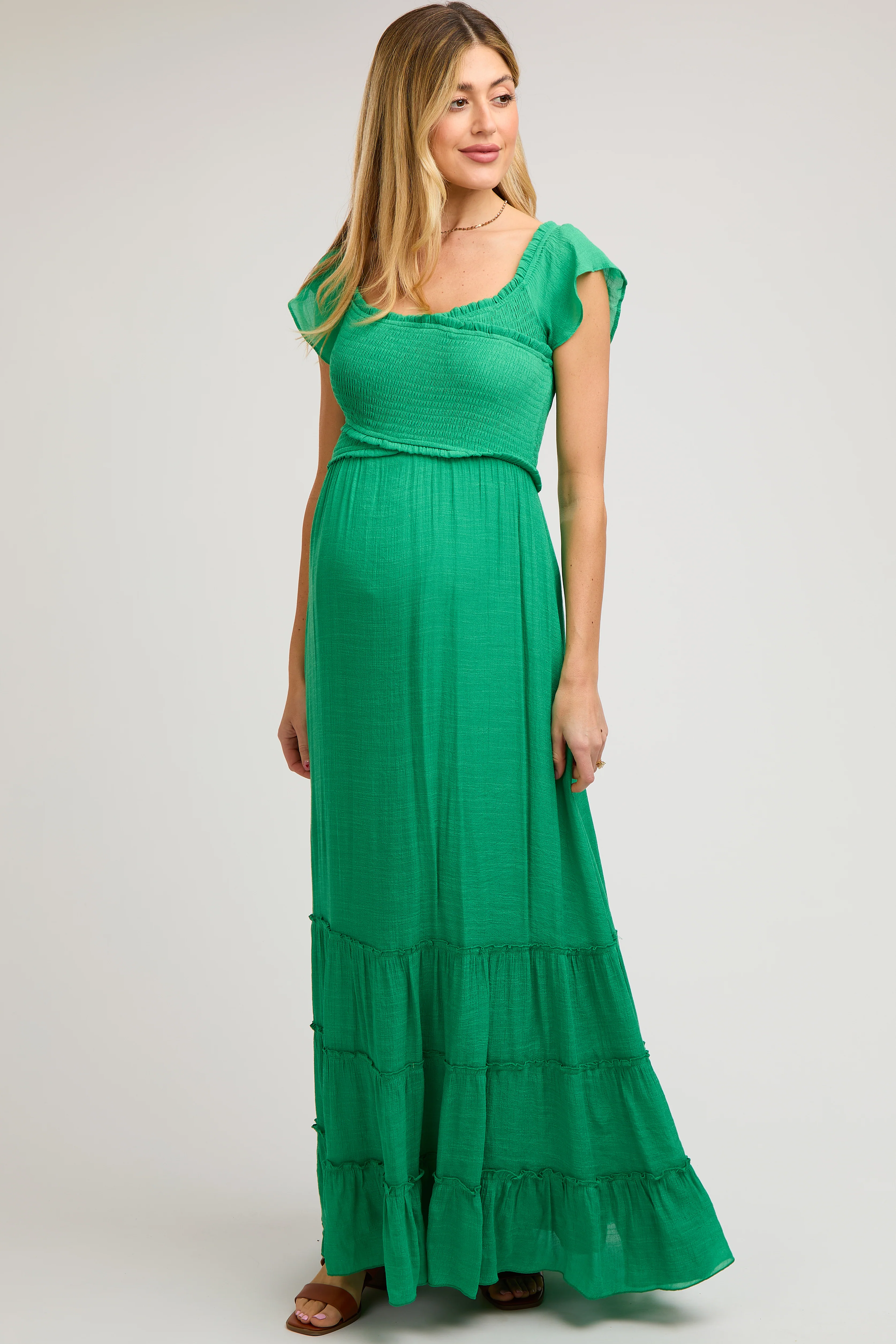 Green Smocked Crossover Off Shoulder Maternity Maxi Dress - Image 4