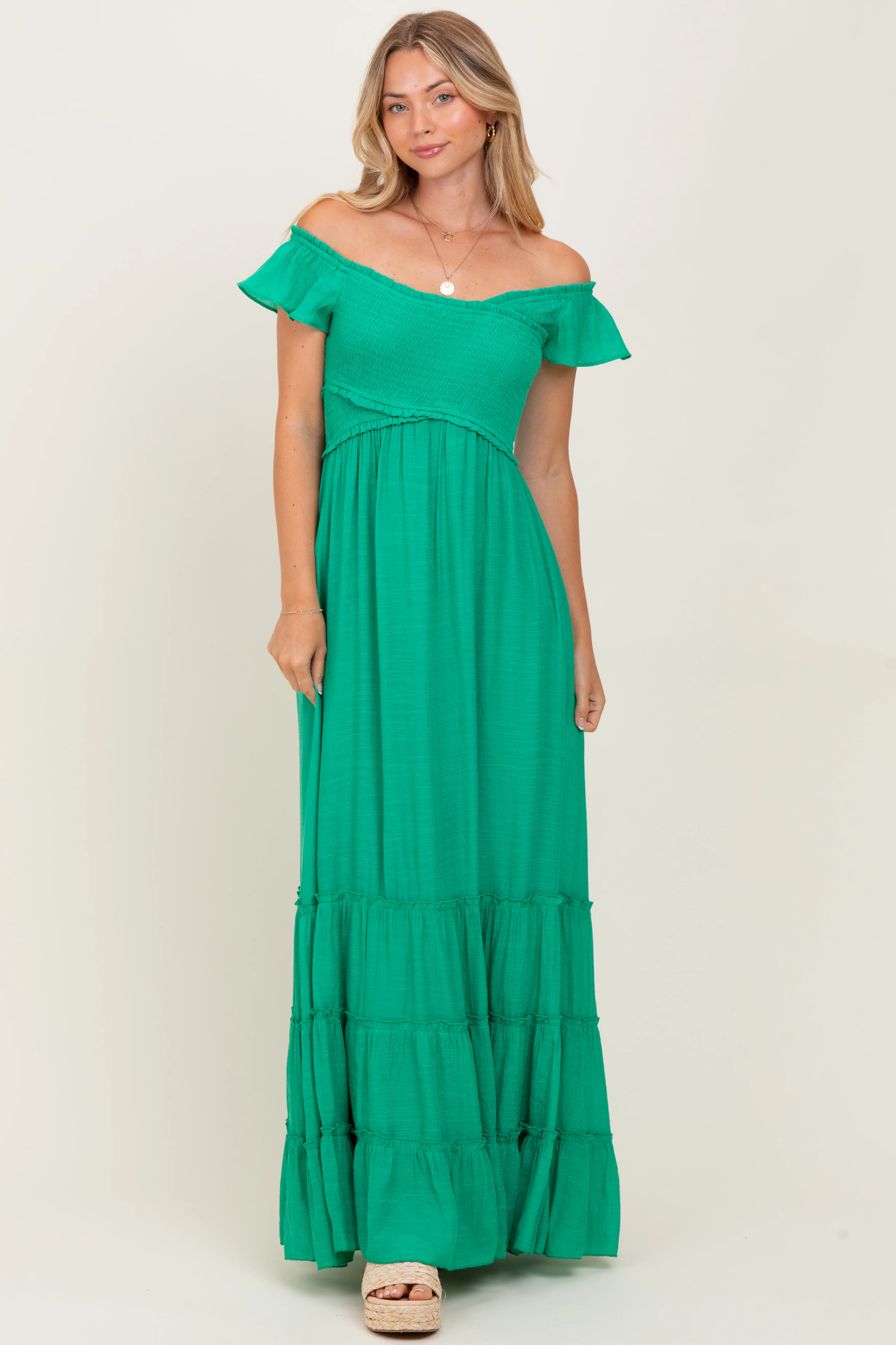 Green Smocked Crossover Off Shoulder Maternity Maxi Dress - Image 6