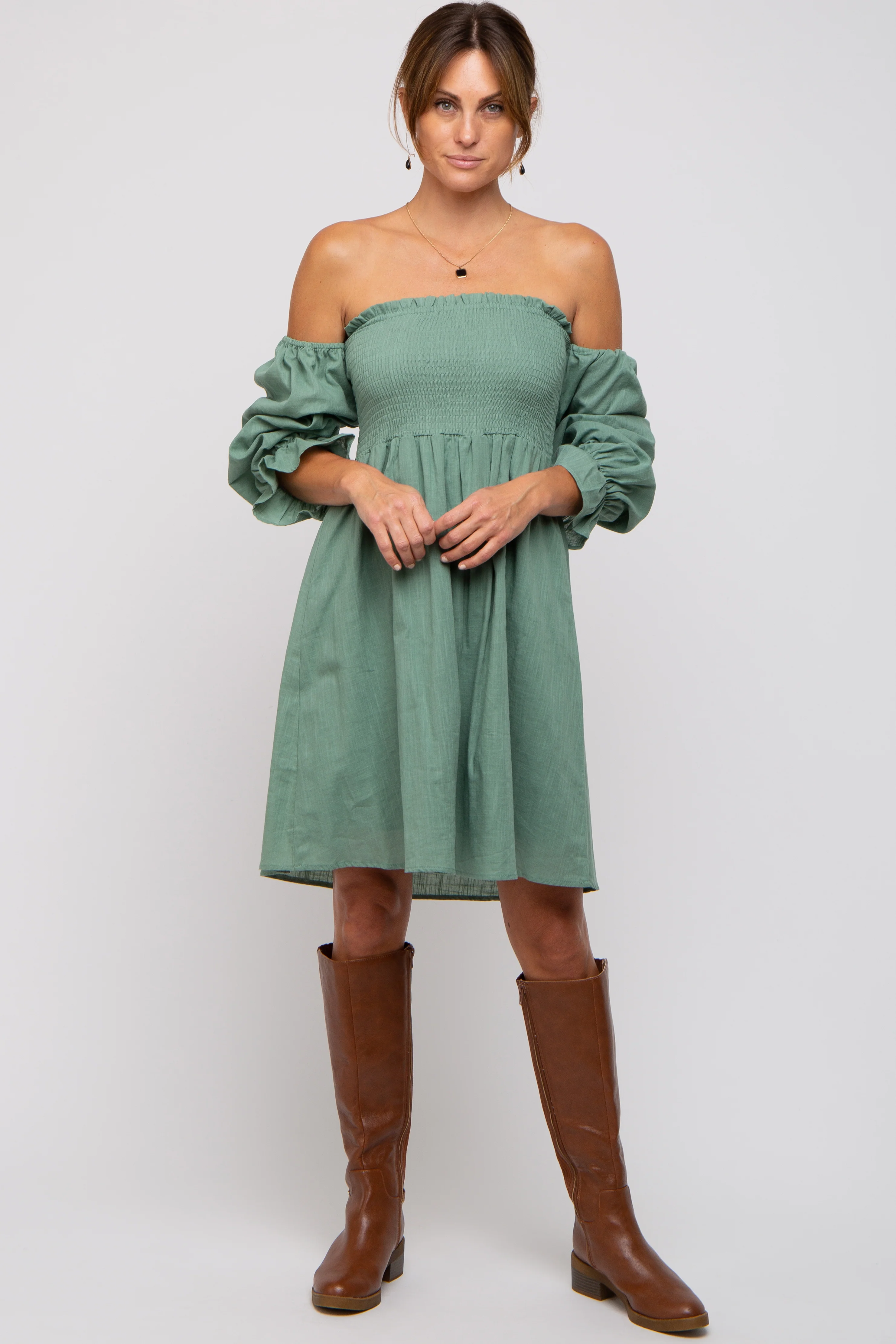 Green Smocked Off Shoulder Long Sleeve Dress - Image 4