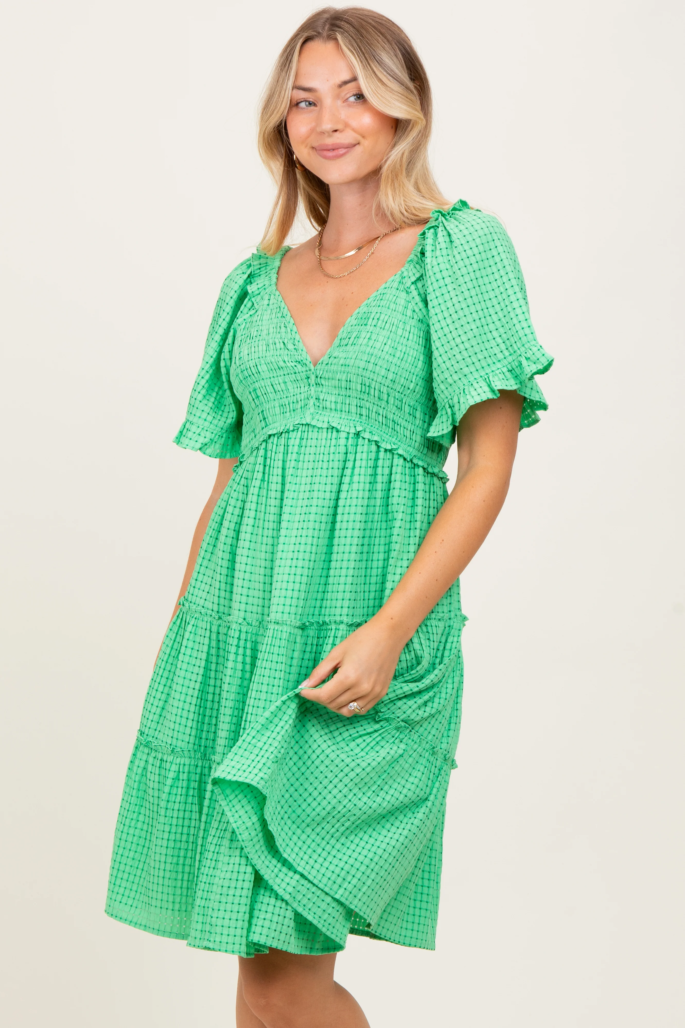 Green Smocked V-Neck Ruffle Short Sleeve Tiered Dress - Image 4