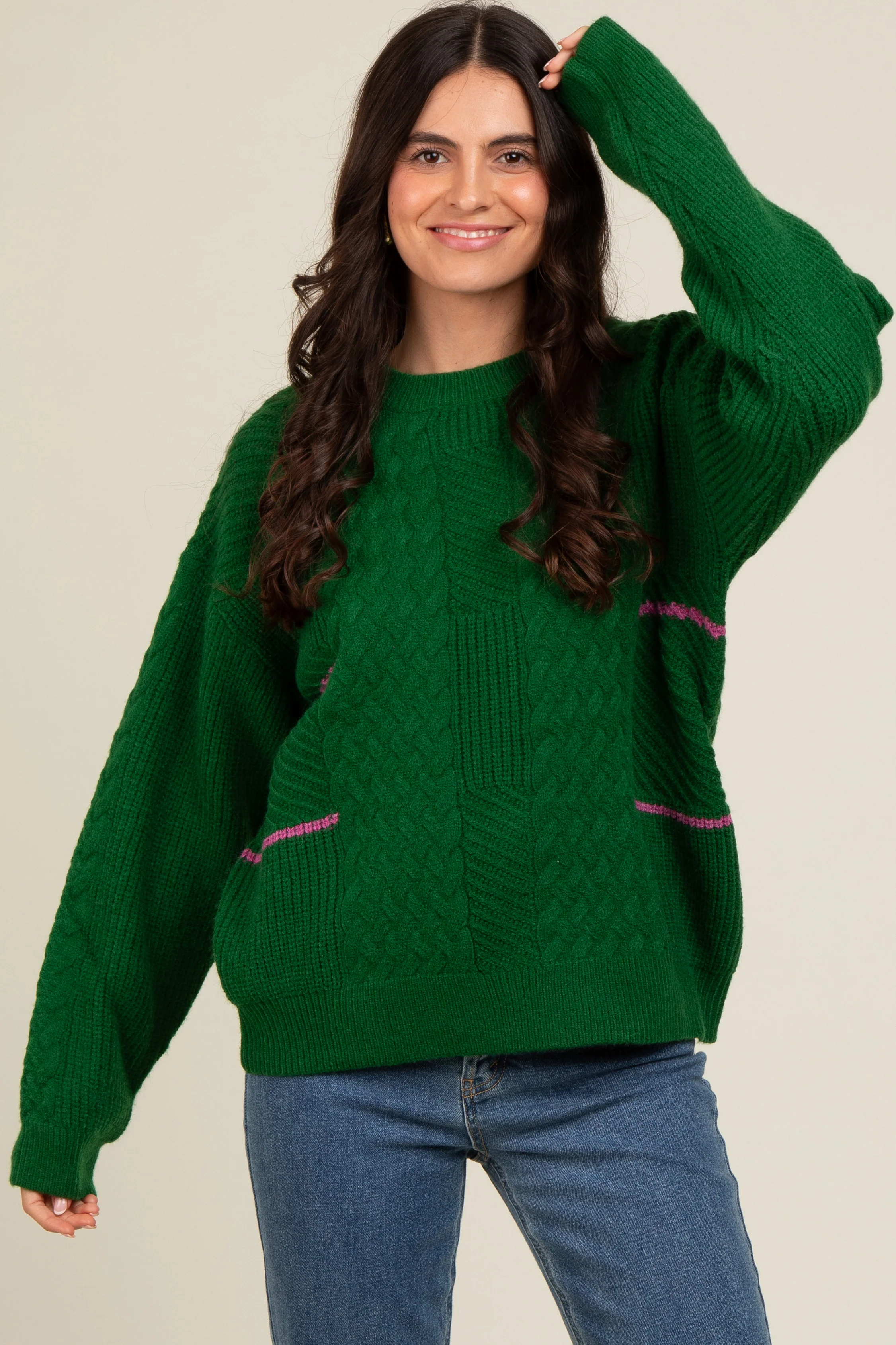 Green Striped Mixed Cable Knit Sweater - Image 5