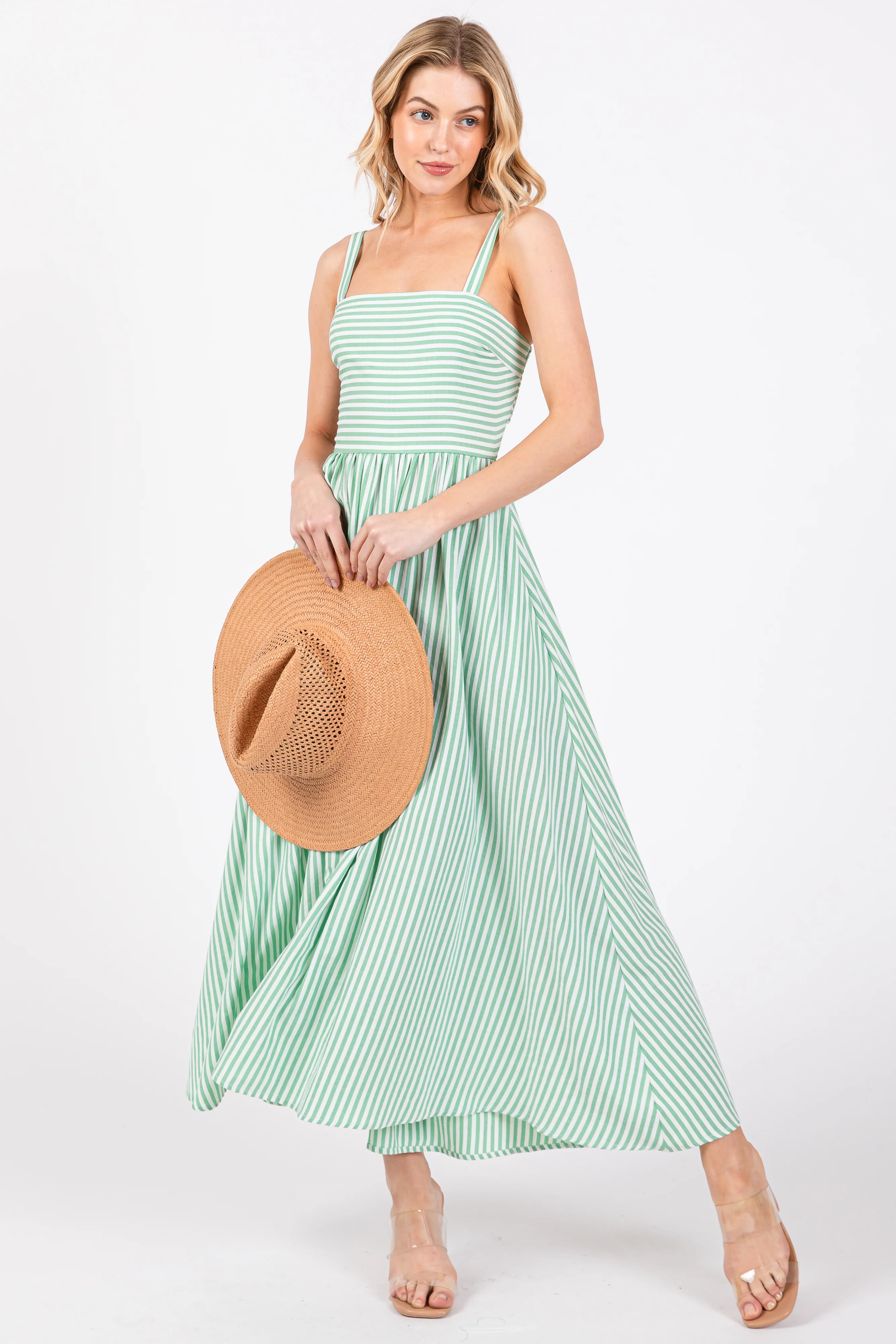 Green Striped Square Neck Open Back Sleeveless Maternity Midi Dress - Image 4