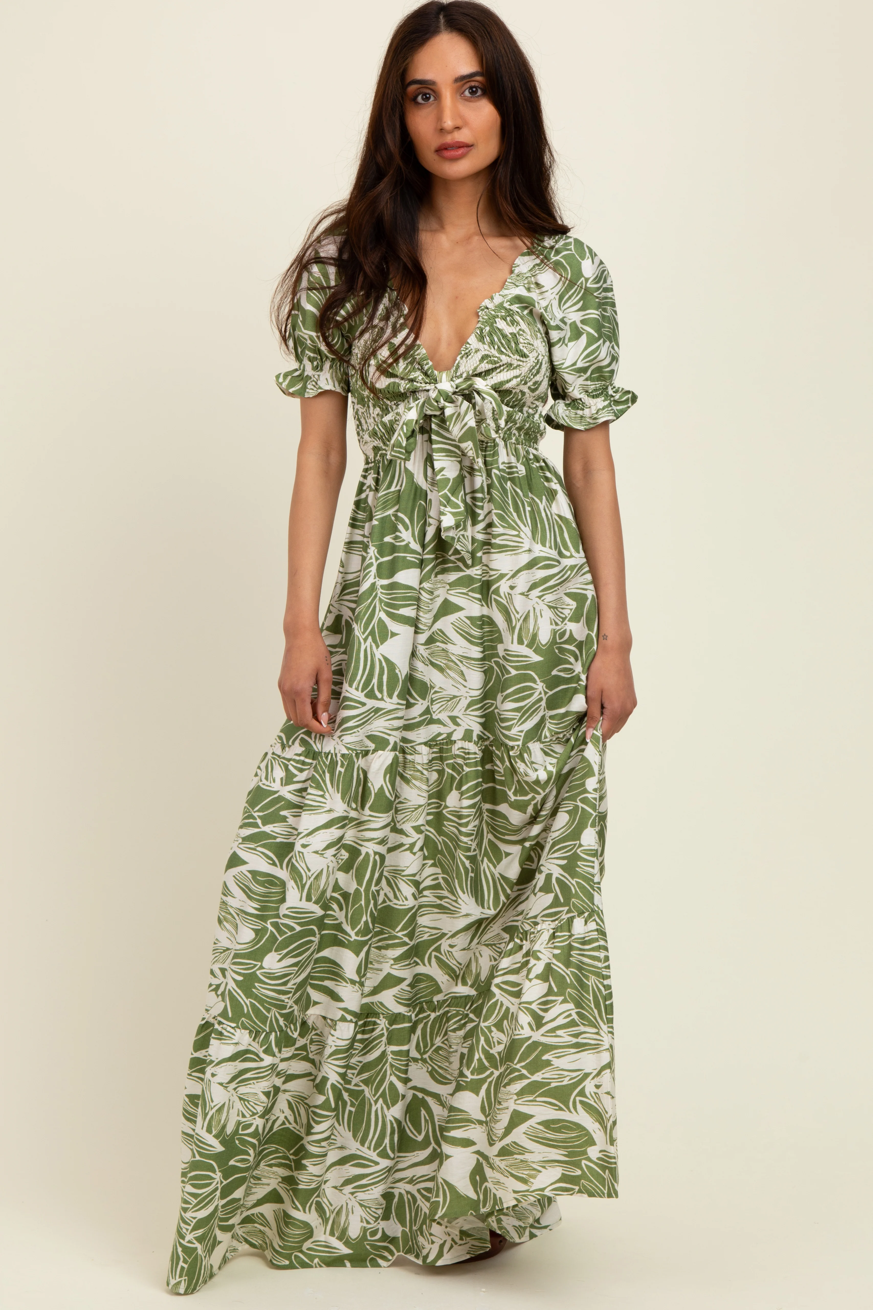 Green Tropical Print Smocked Front Tie Maternity Maxi Dress - Image 4