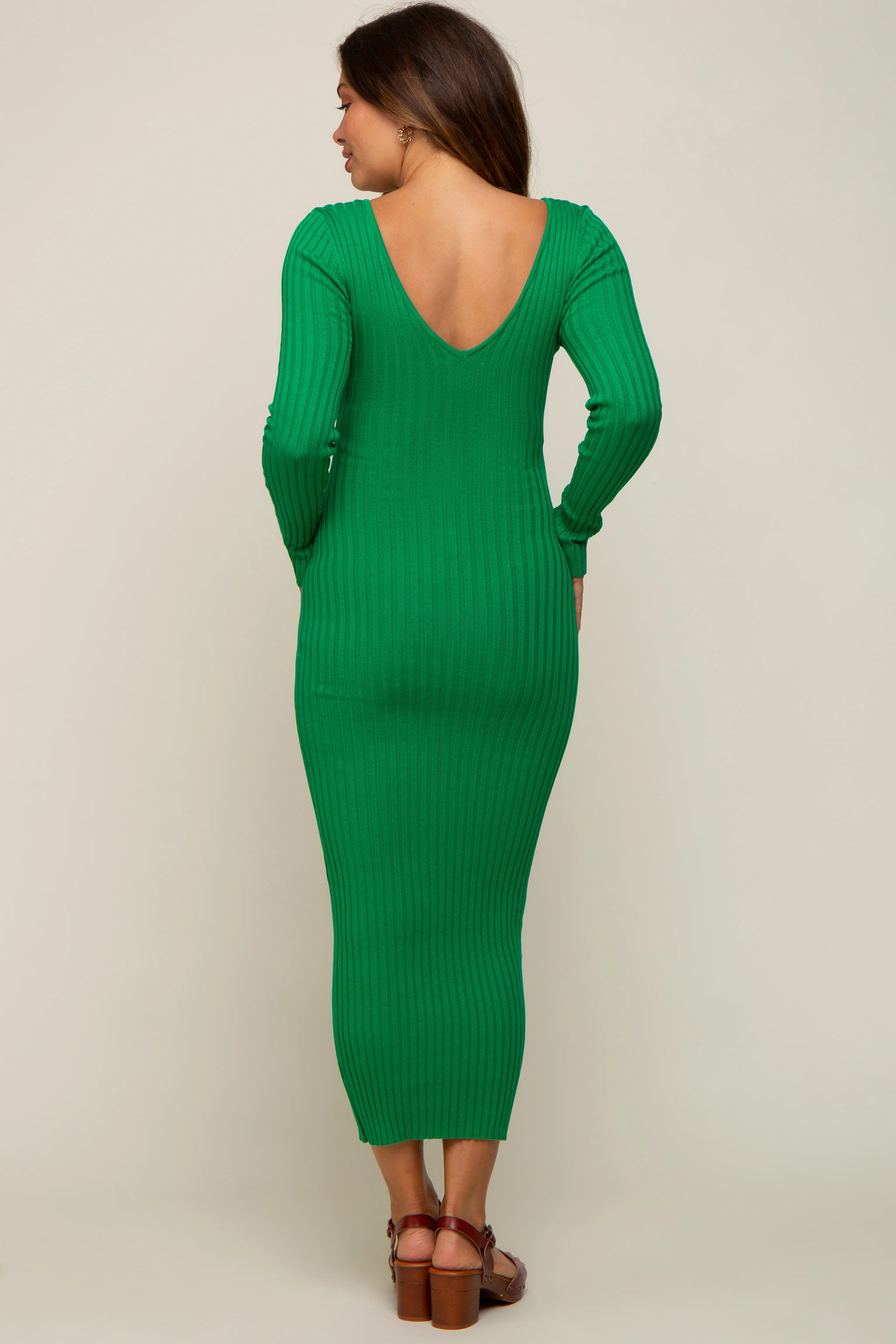 Green V-Neck Long Sleeve Fitted Maternity Maxi Dress - Image 4