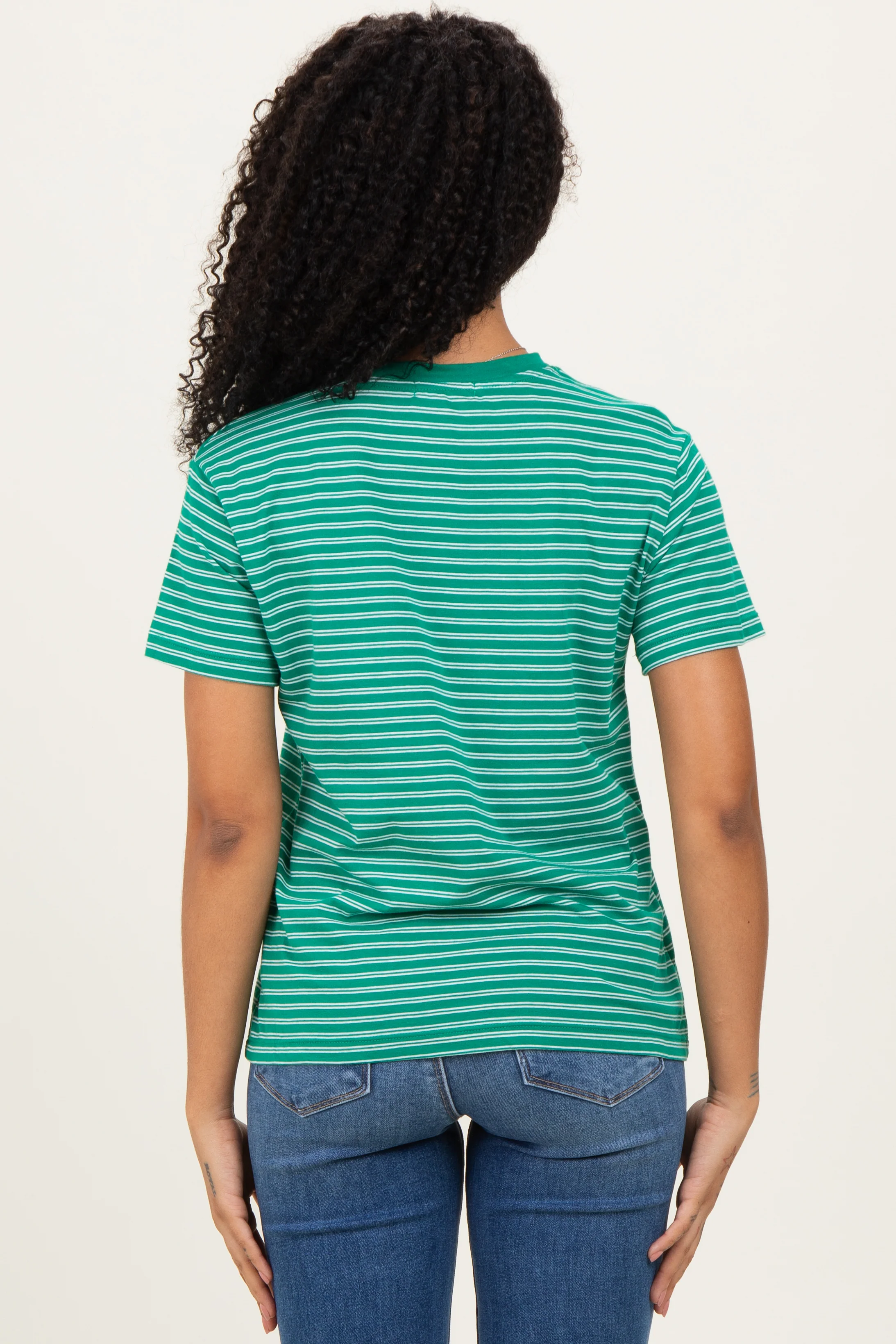Green/White Short Sleeve Round Neck Stripe Tee - Image 4