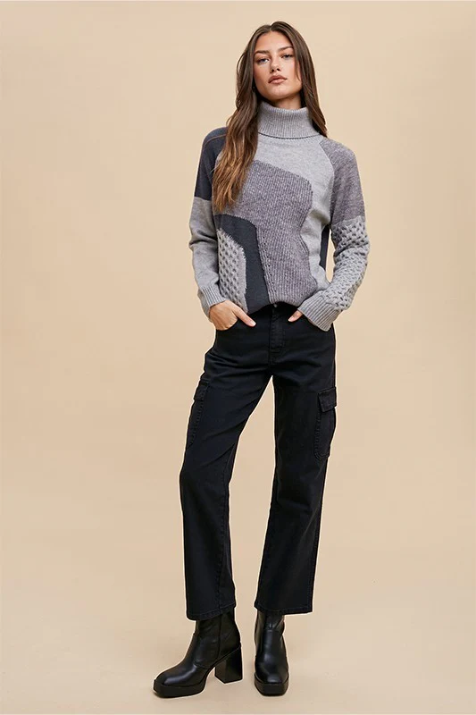 Grey Combo Turtleneck Multi Pattern Mixed Sweater Top - Image 4