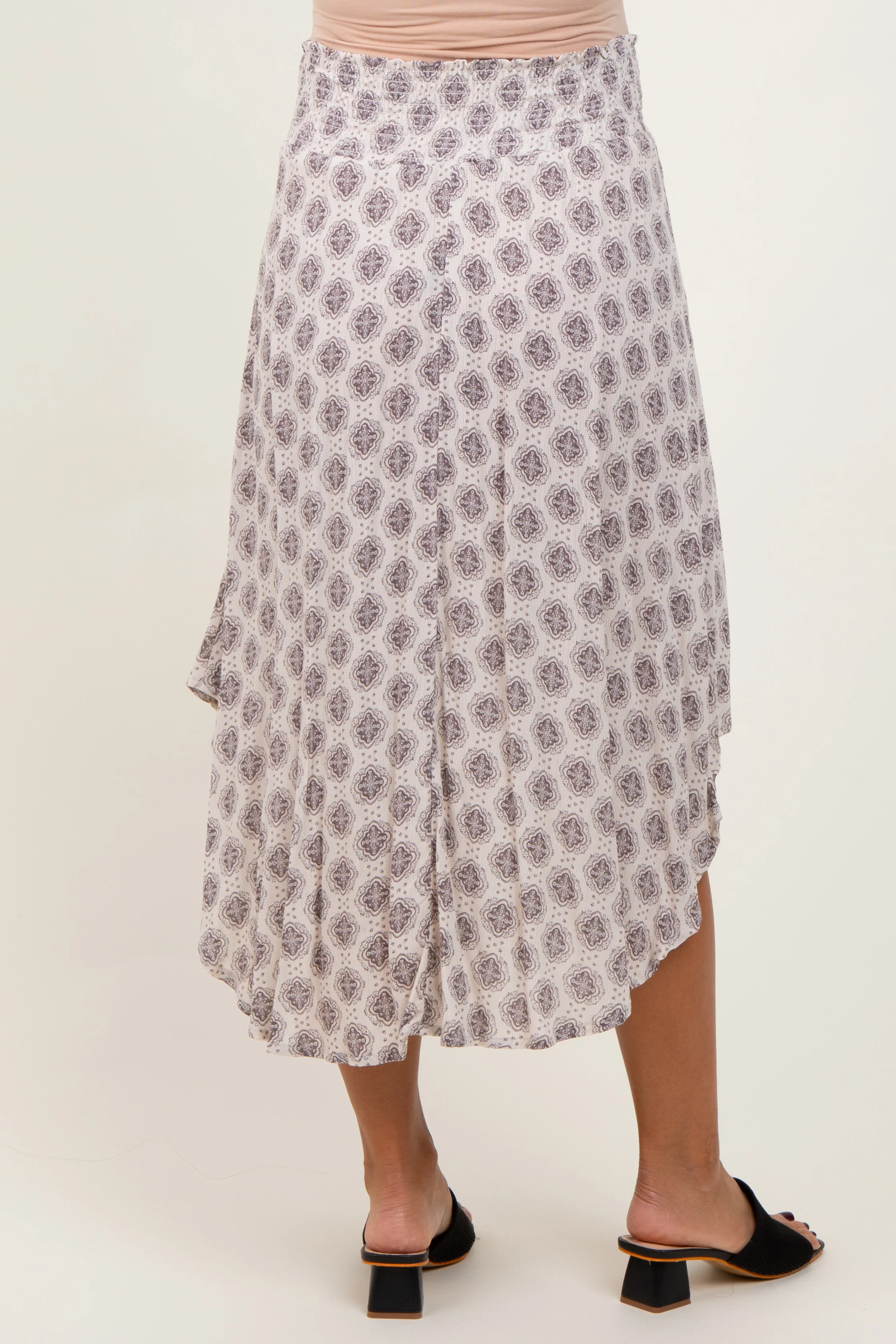 Grey Damask Print Smocked Waistband Maternity Midi Skirt - Image 5