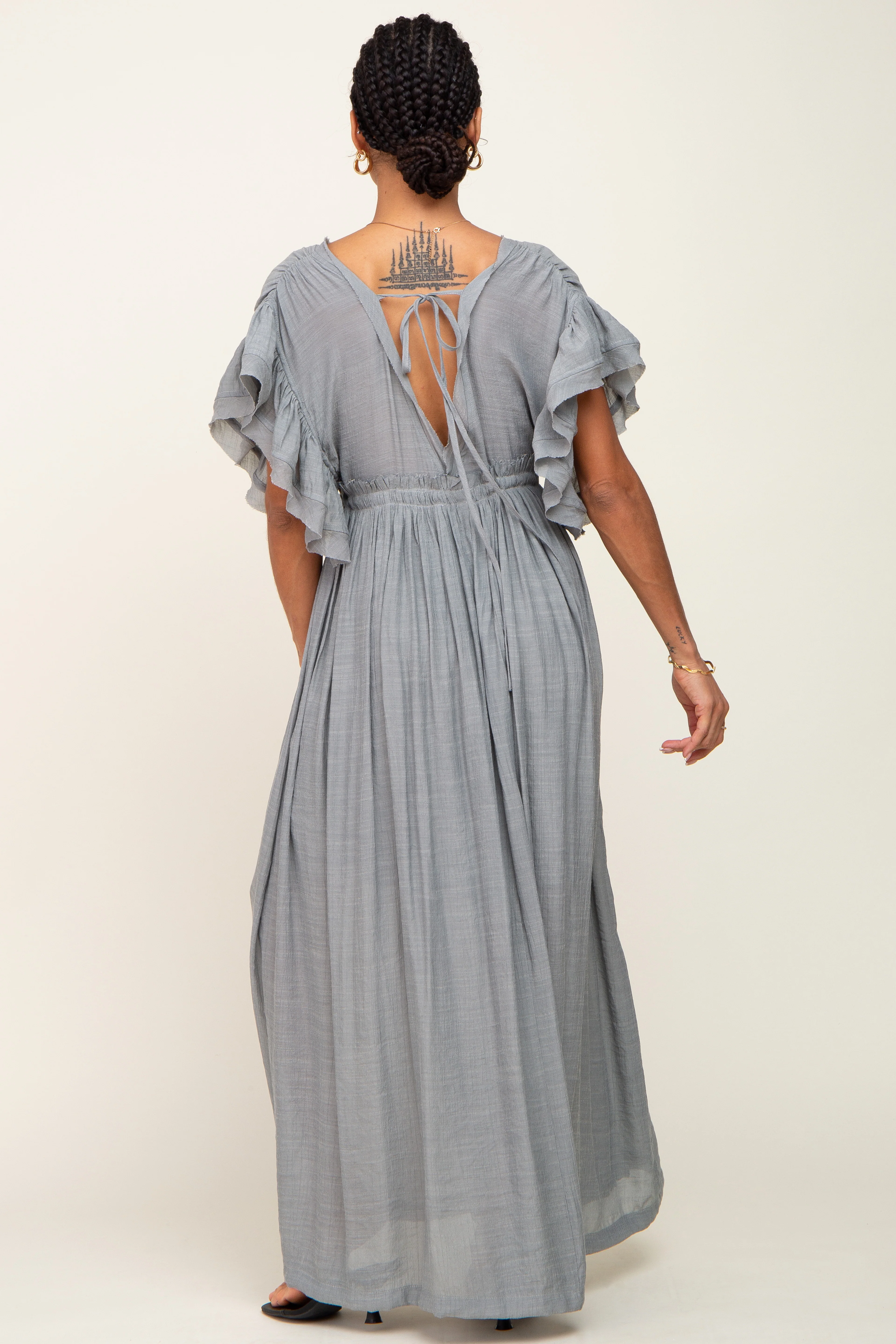 Grey Deep V-Neck Button Down Maxi Dress - Image 3