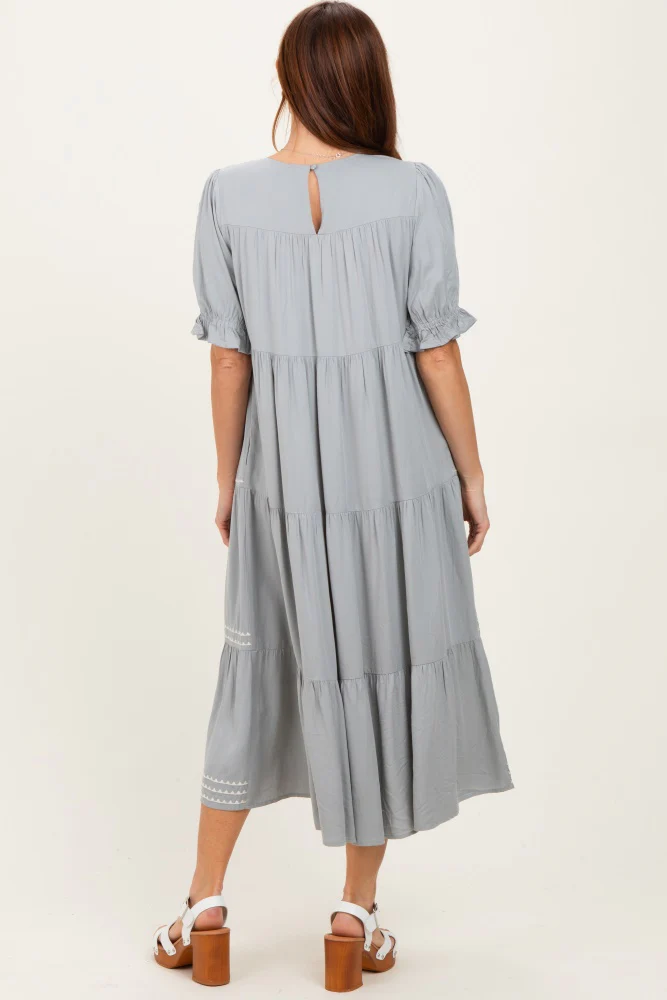 Grey Embroidered Tiered Midi Dress - Image 4