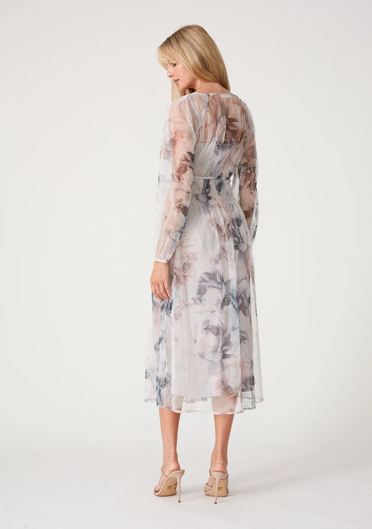 Grey Floral Mesh Smocked Midi Dress - Image 3