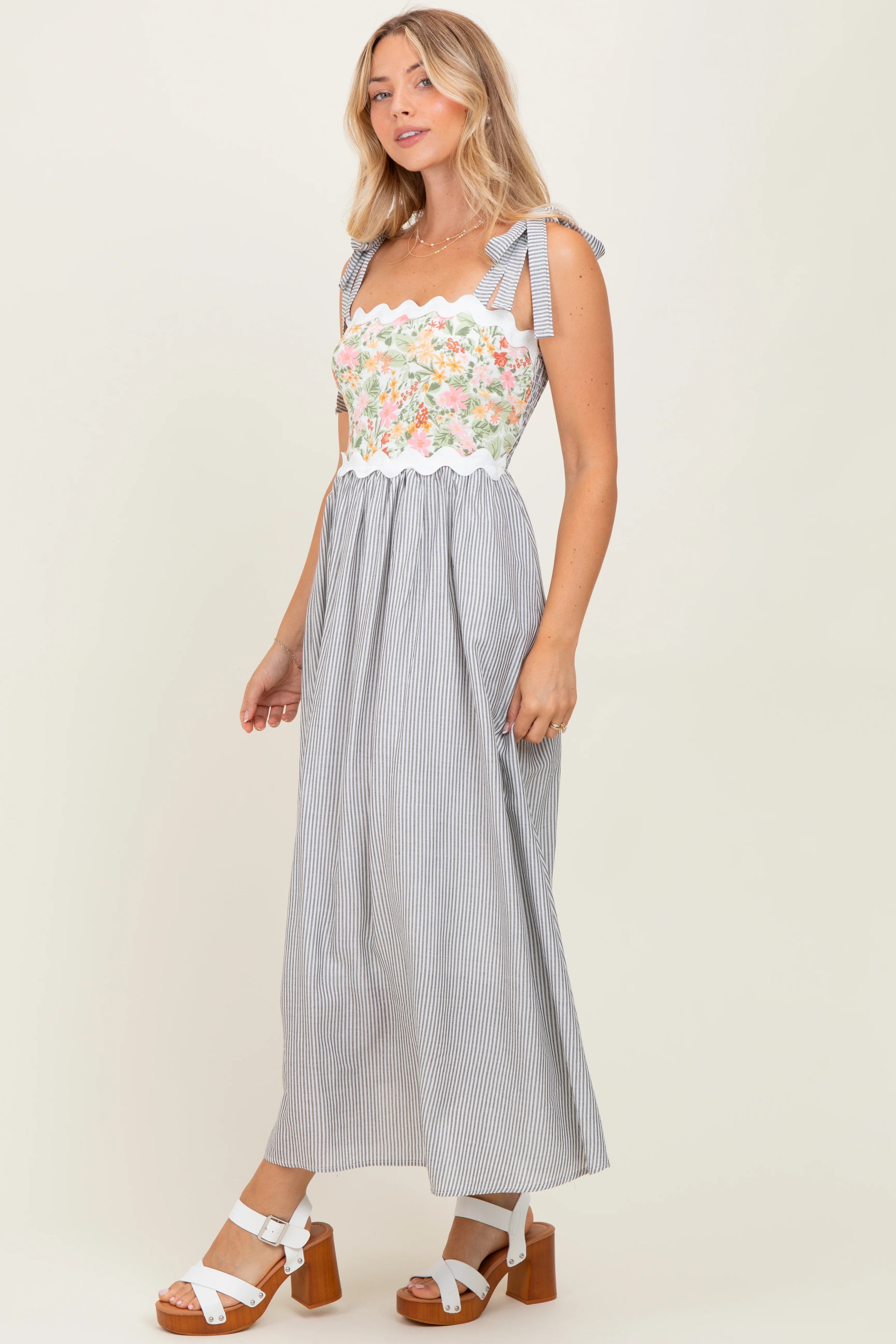 Grey Floral Striped Sleeveless Shoulder Tie Midi Dress - Image 3