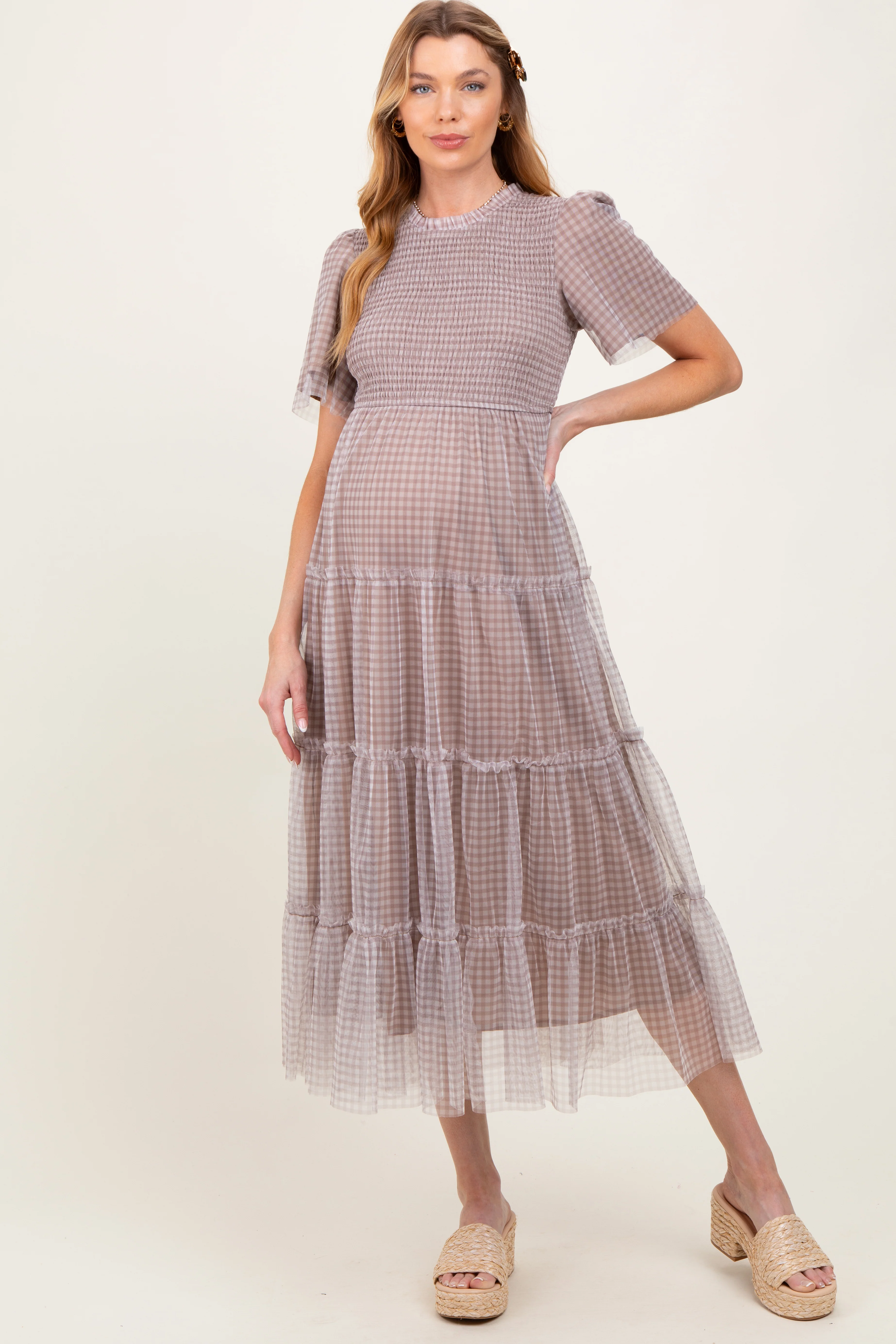 Grey Gingham Mesh Tiered Maternity Midi Dress - Image 2