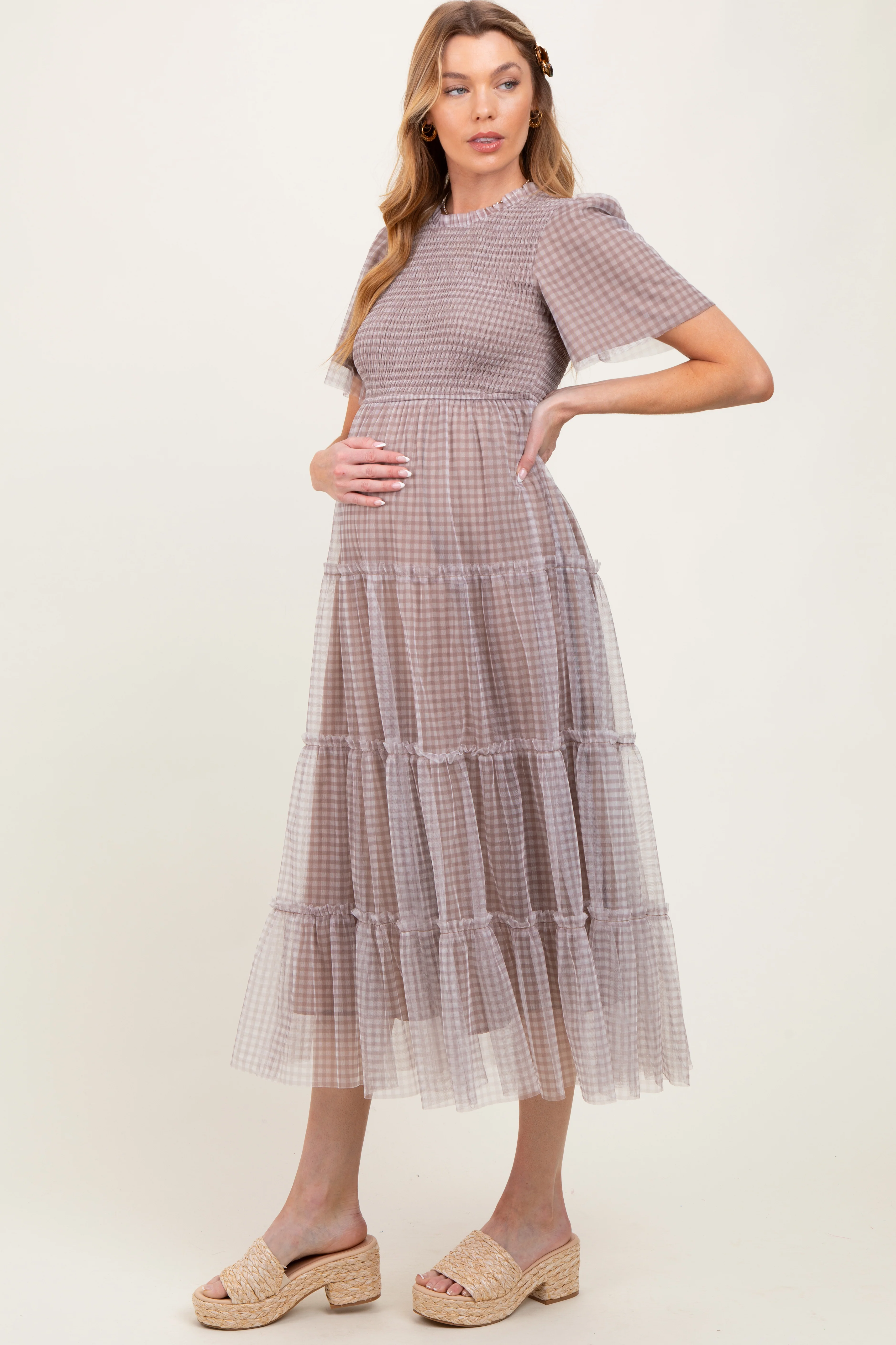 Grey Gingham Mesh Tiered Maternity Midi Dress - Image 3