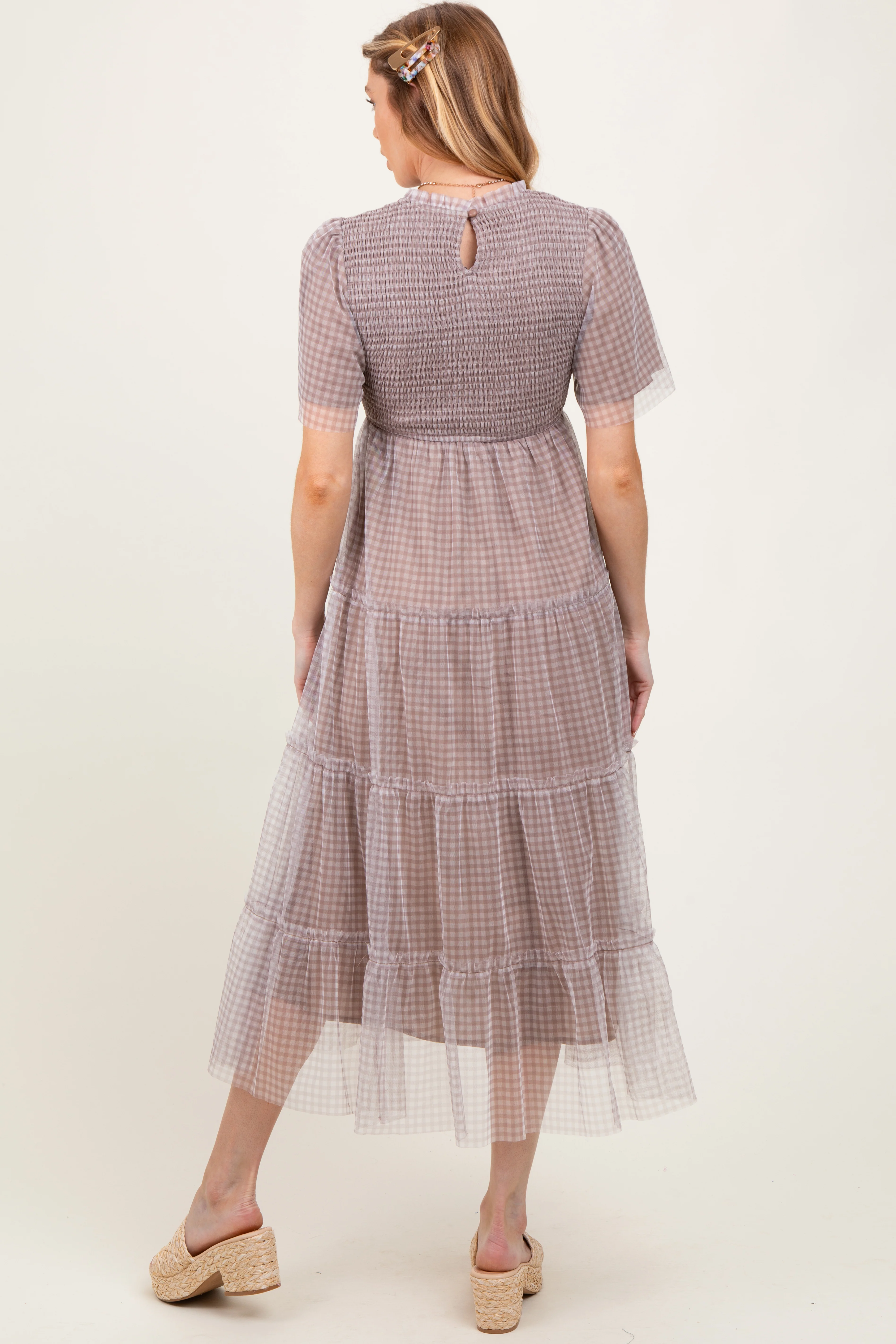 Grey Gingham Mesh Tiered Maternity Midi Dress - Image 4