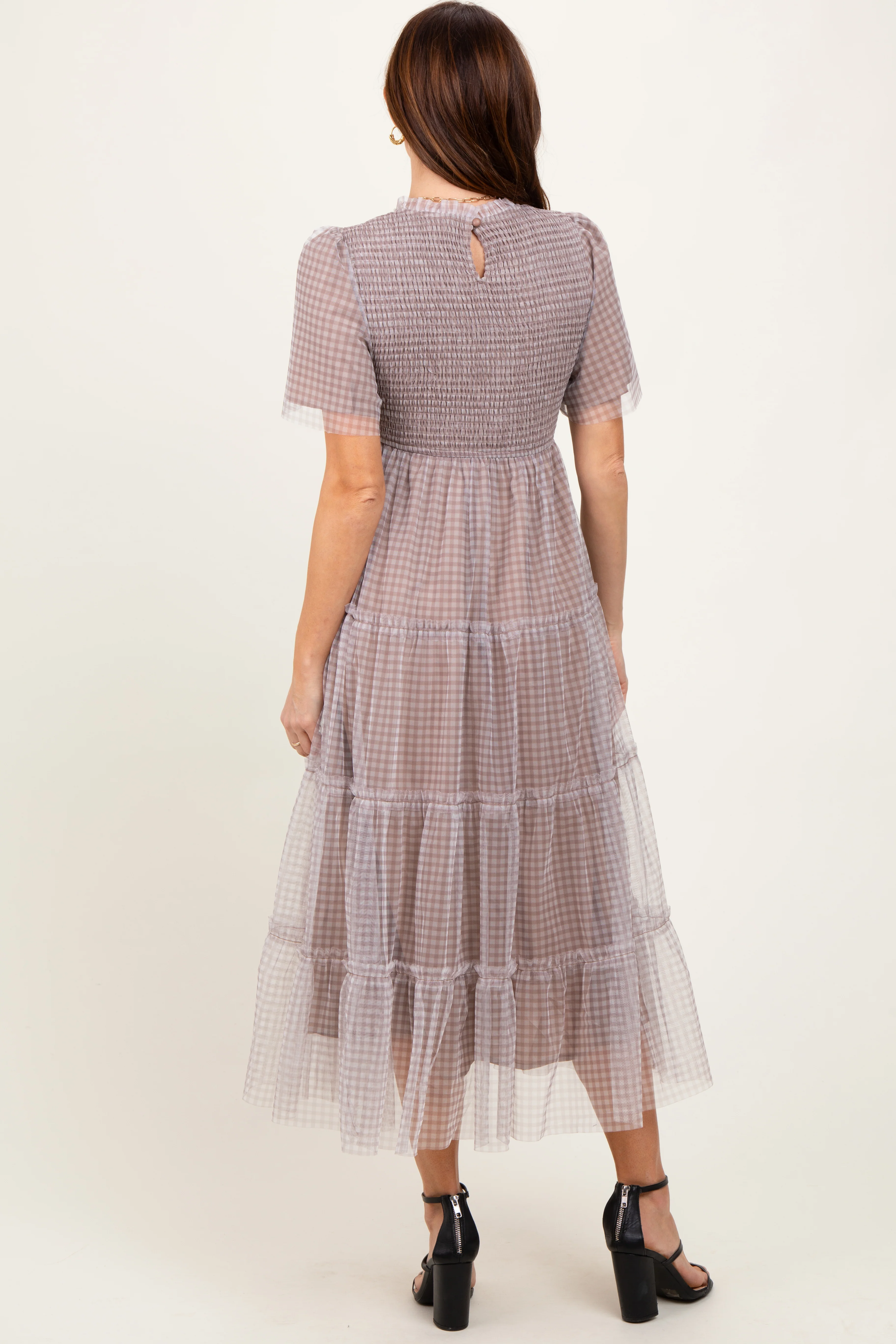 Grey Gingham Mesh Tiered Midi Dress - Image 4