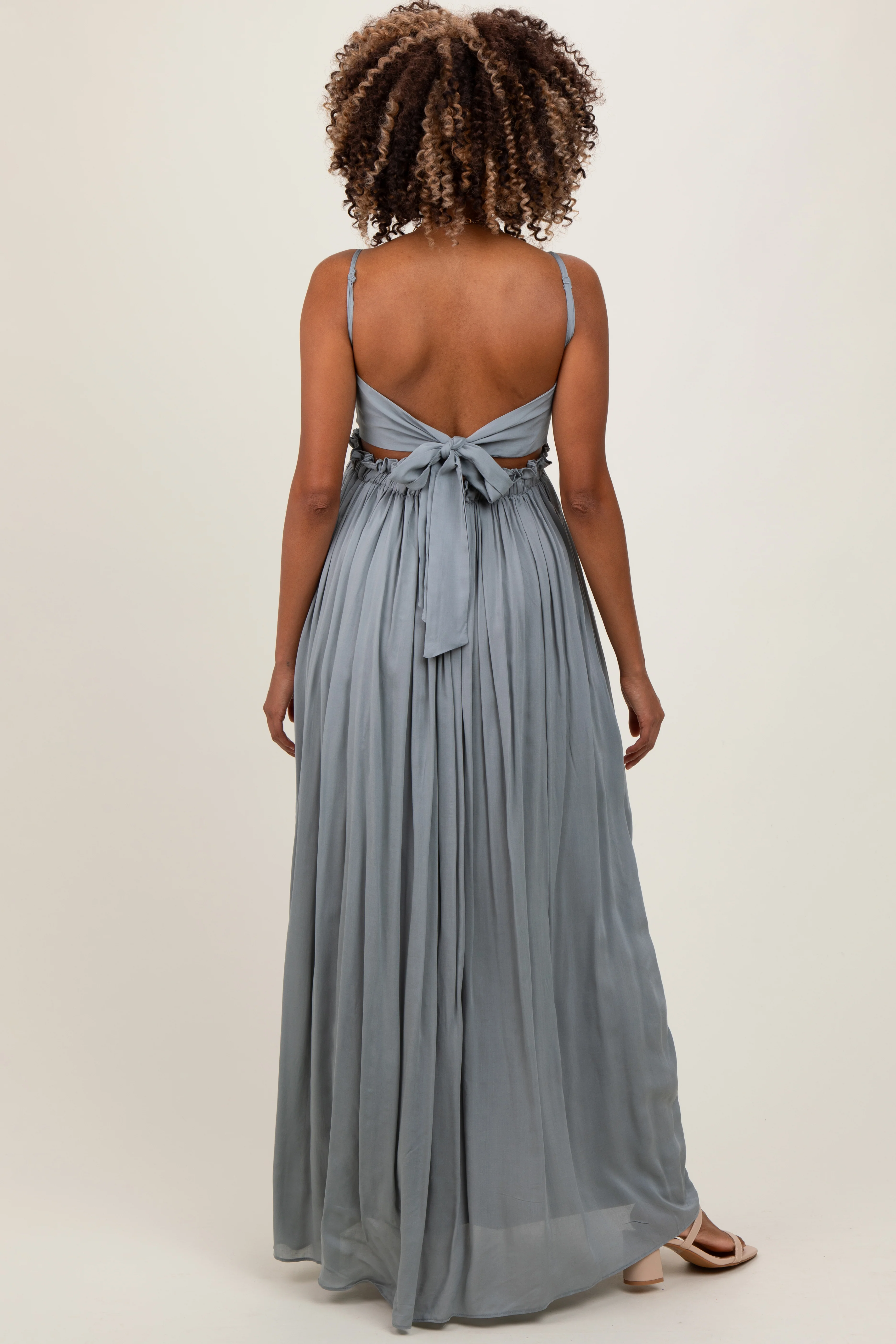 Grey Lace Bodice Cutout Tie Back Maternity Maxi Dress - Image 5