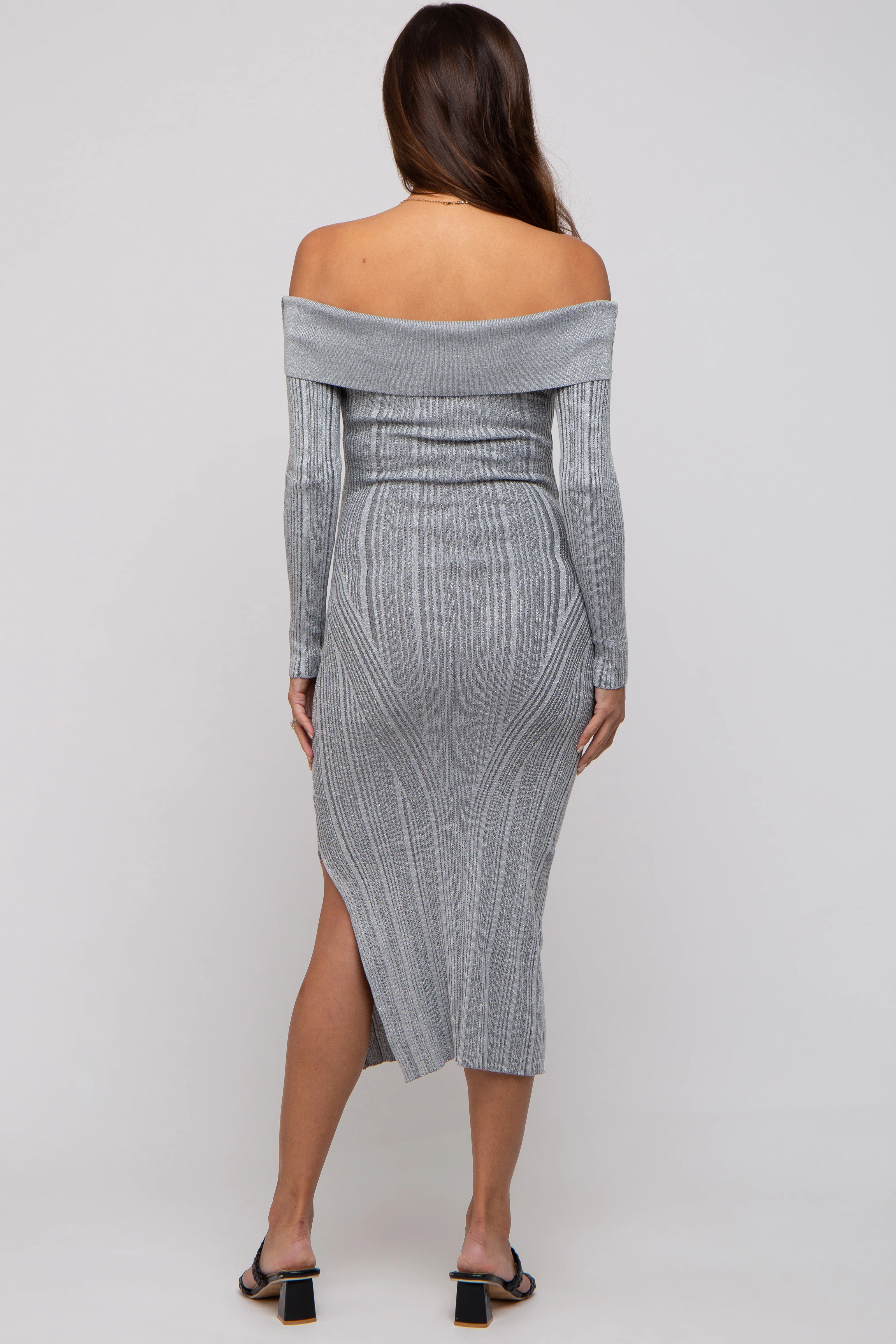 Grey Metallic Ribbed Side Slit Off Shoulder Maternity Midi Dress - Image 3