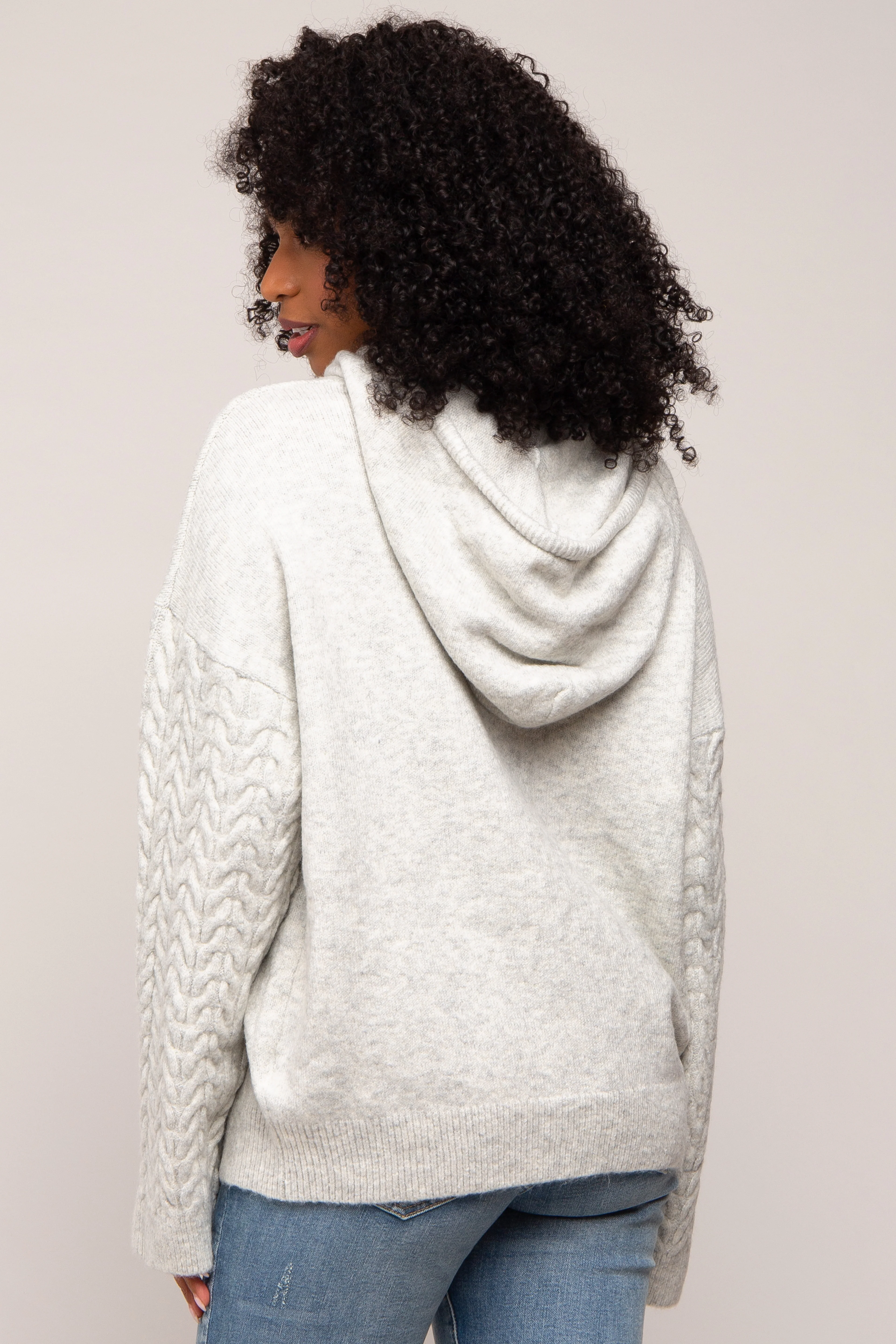Grey Mixed Knit Hooded Sweater - Image 4