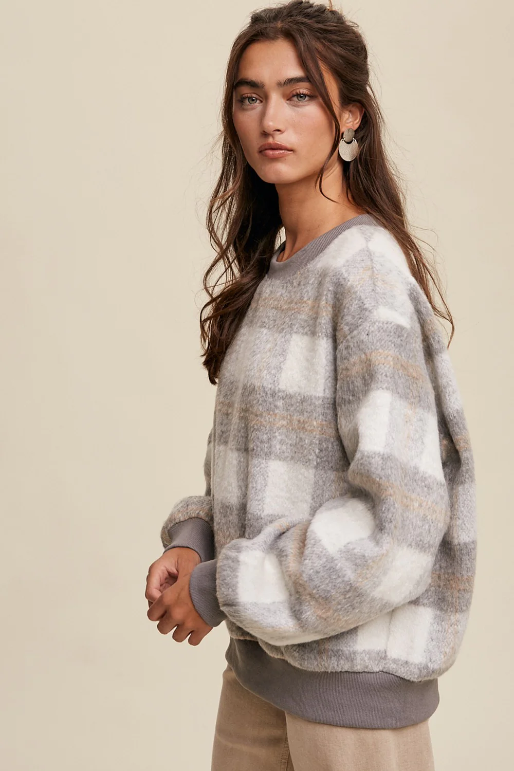 Grey Plaid Fuzzy Knit Pullover Sweater - Image 2