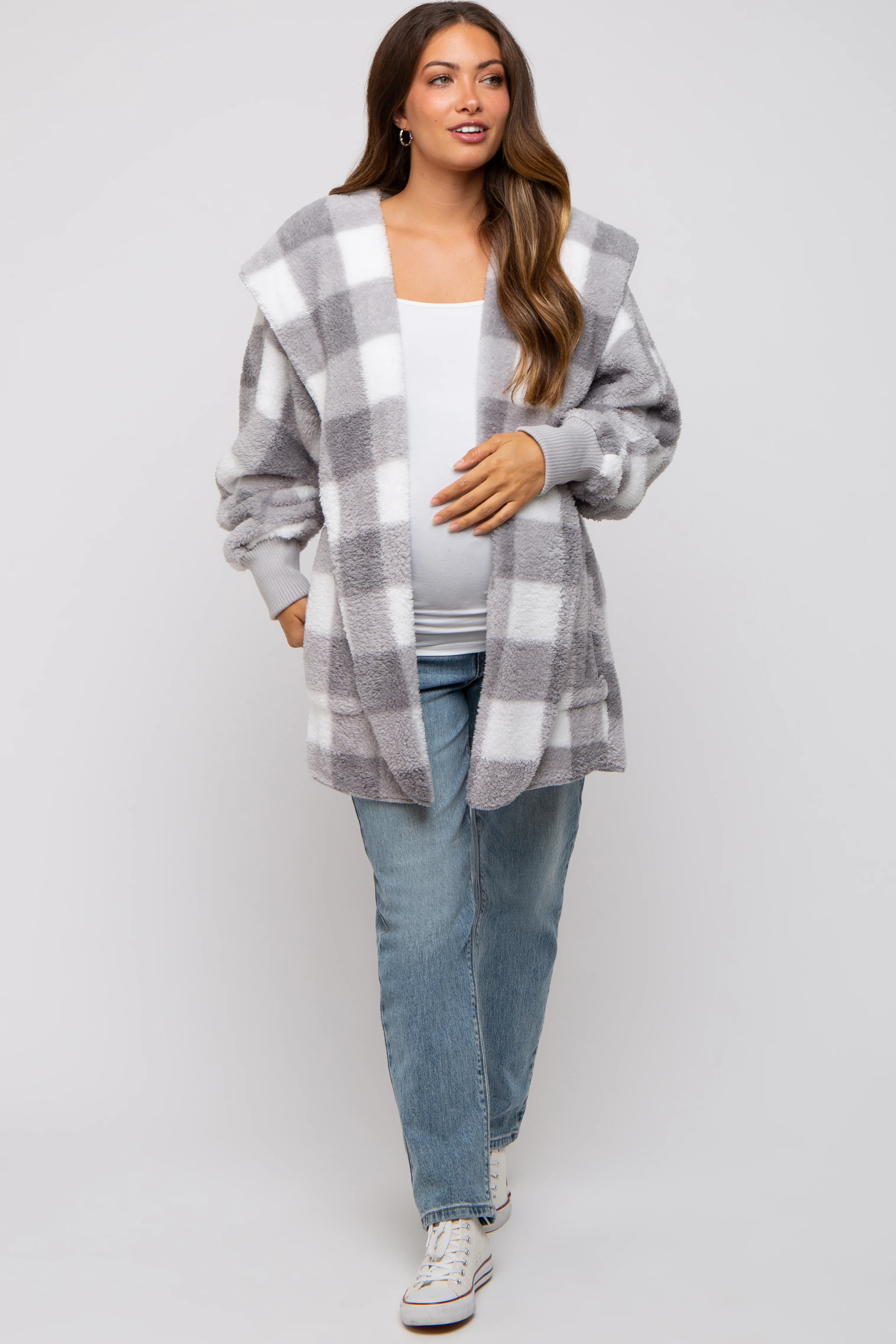 Grey Plaid Maternity Hooded Cardigan - Image 4