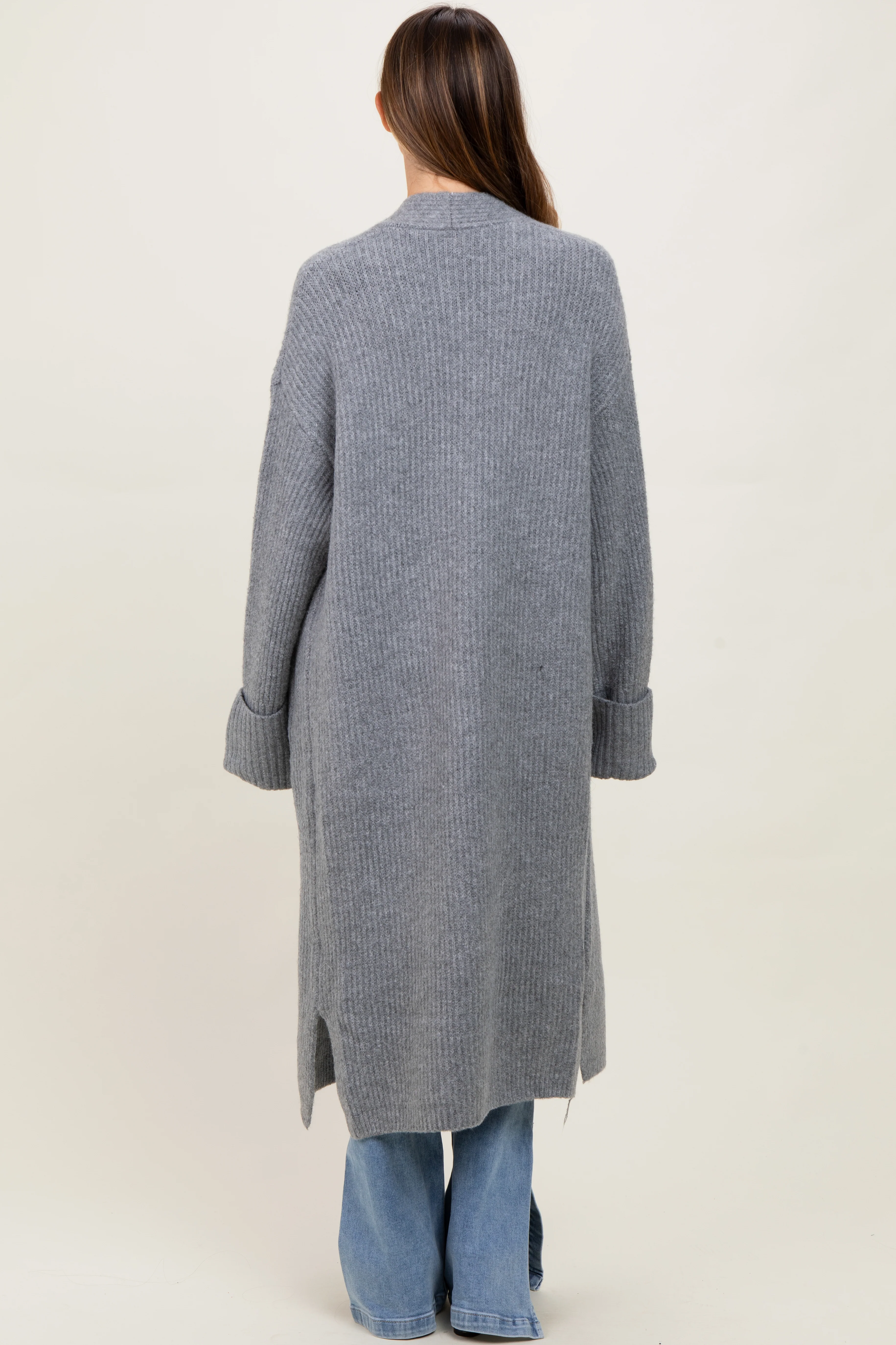 Grey Ribbed Chunky Knit Long Oversized Maternity Cardigan - Image 4