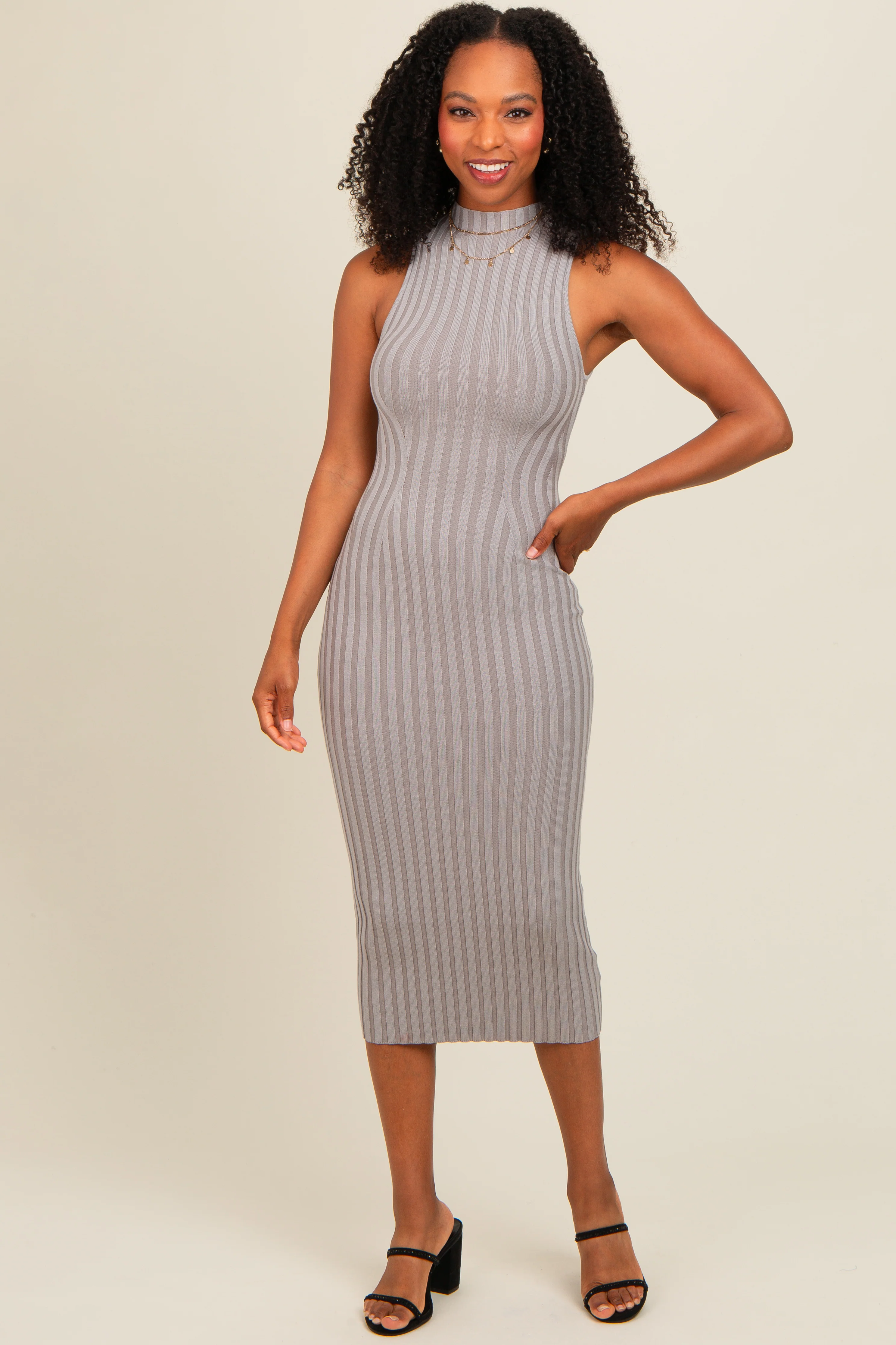 Grey Ribbed Knit Mock Neck Fitted Maternity Dress - Image 5