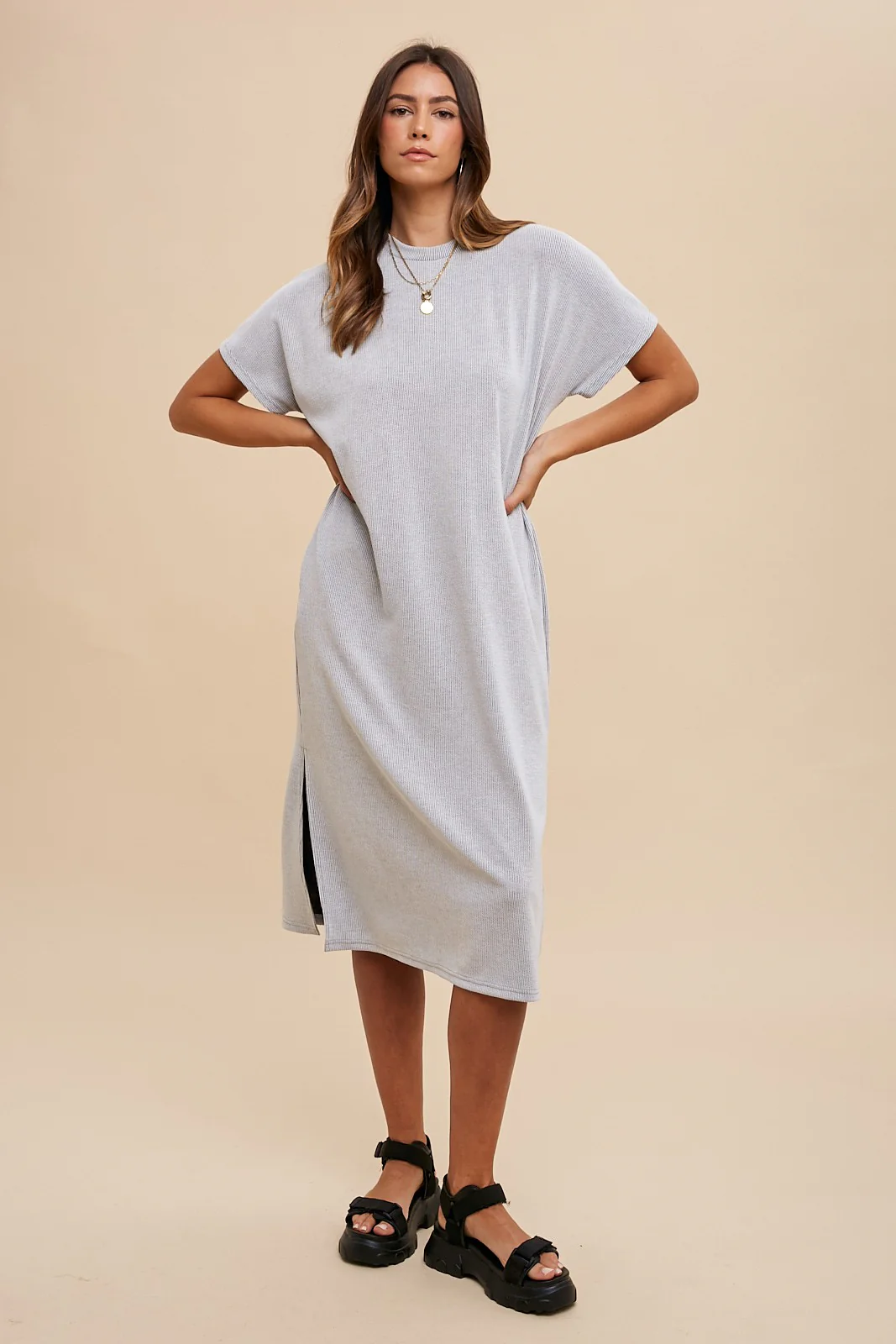 Grey Ribbed Short Dolman Sleeve Side Slit Midi Dress - Image 2