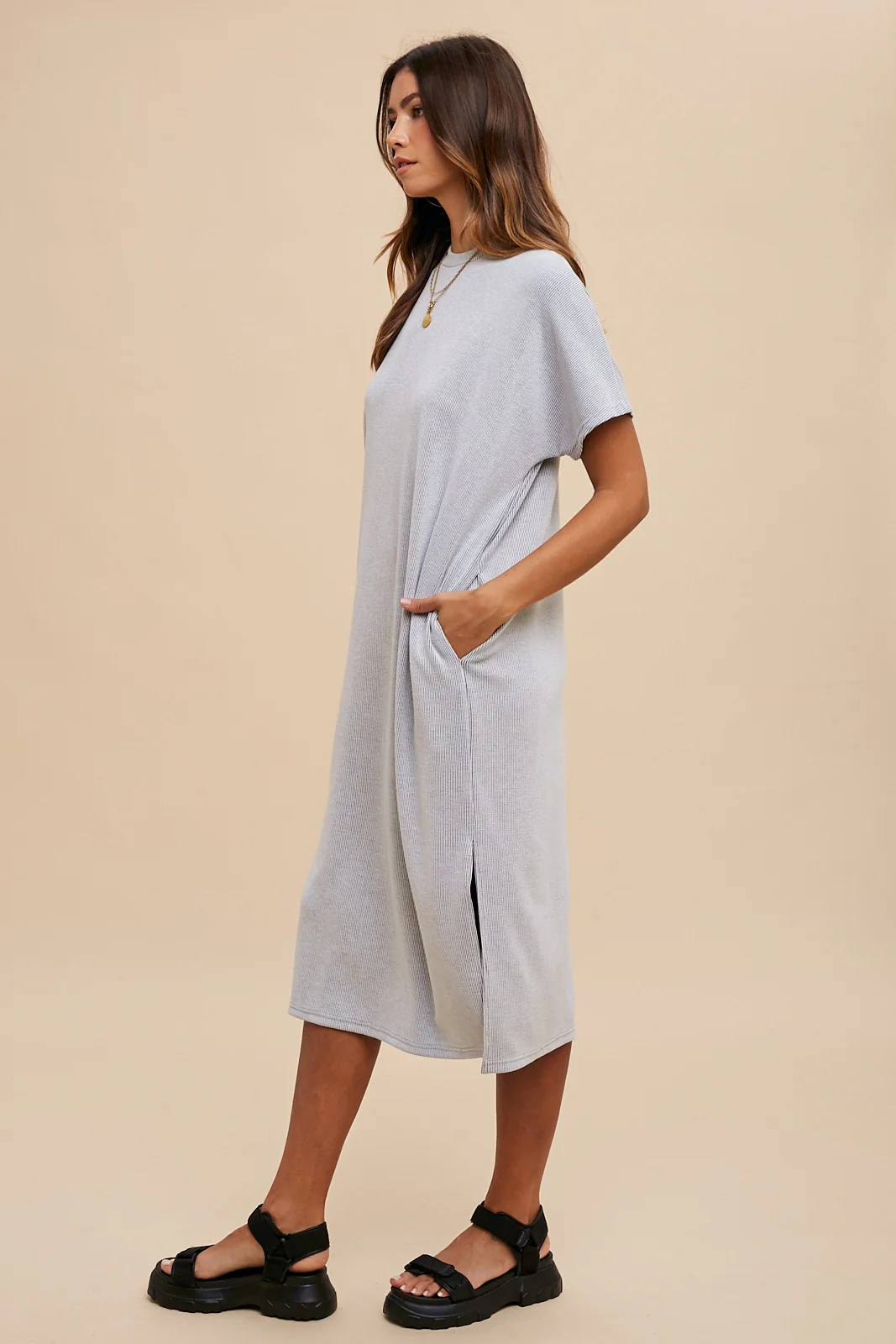 Grey Ribbed Short Dolman Sleeve Side Slit Midi Dress - Image 3