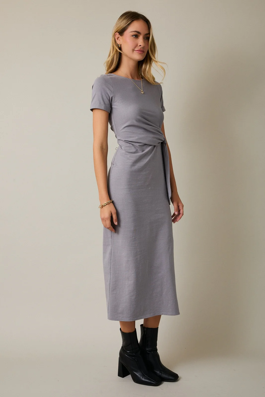 Grey Short Sleeve Waist Tie Side Slit Maxi Dress - Image 3