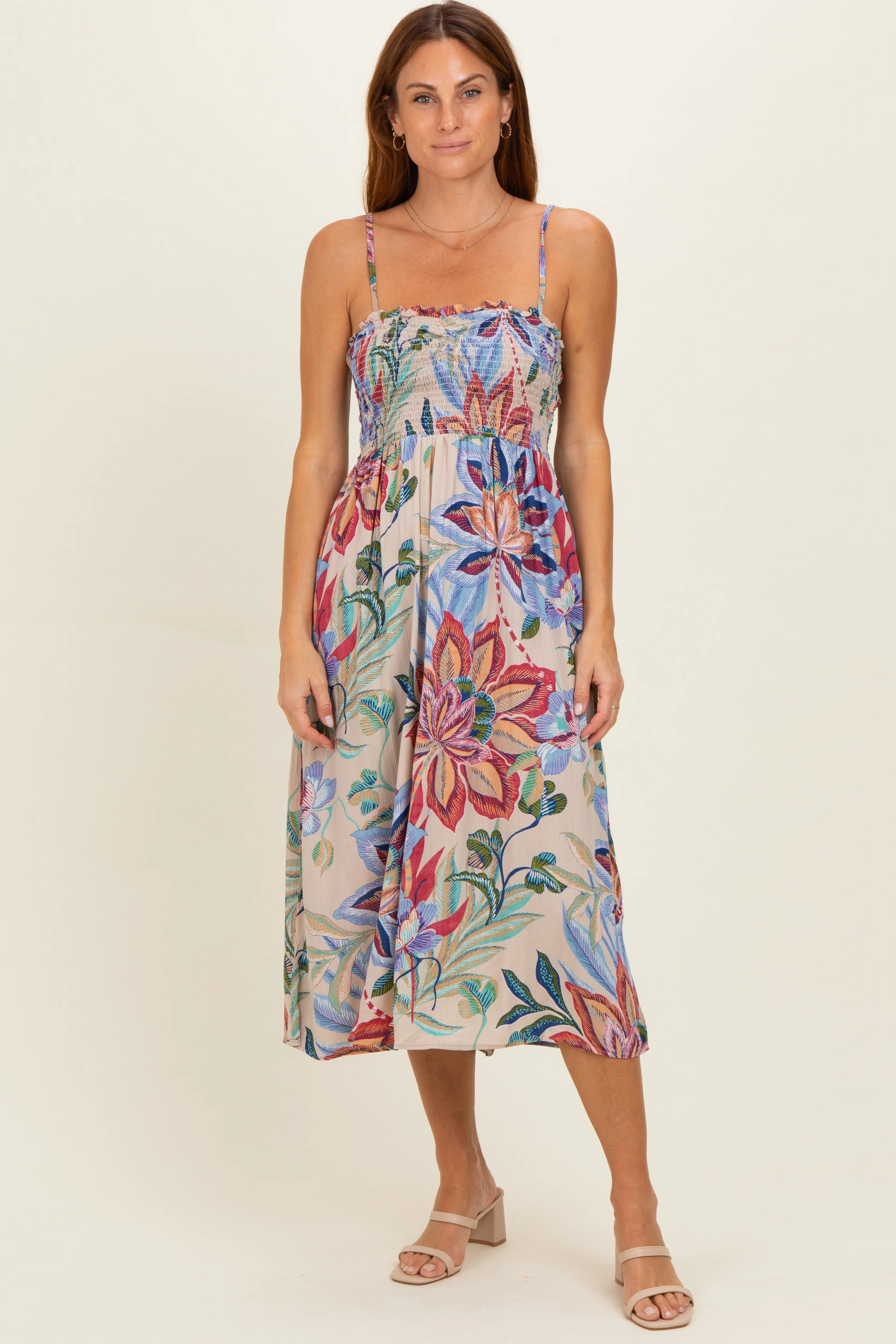 Grey Smocked Cinch Bust Maternity Midi Dress - Image 4