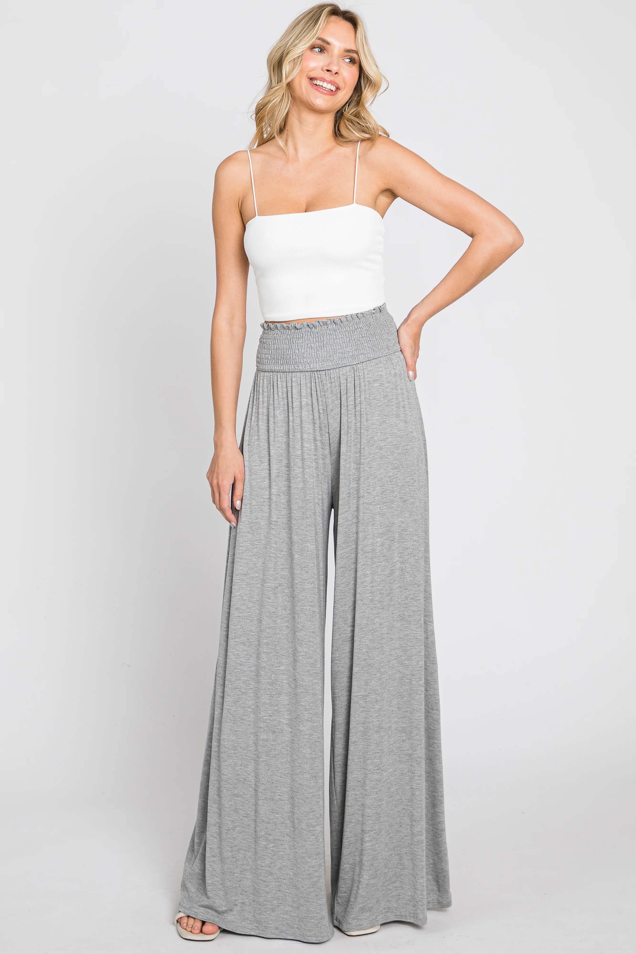 Grey Smocked Waist Flowy Maternity Pants - Image 7