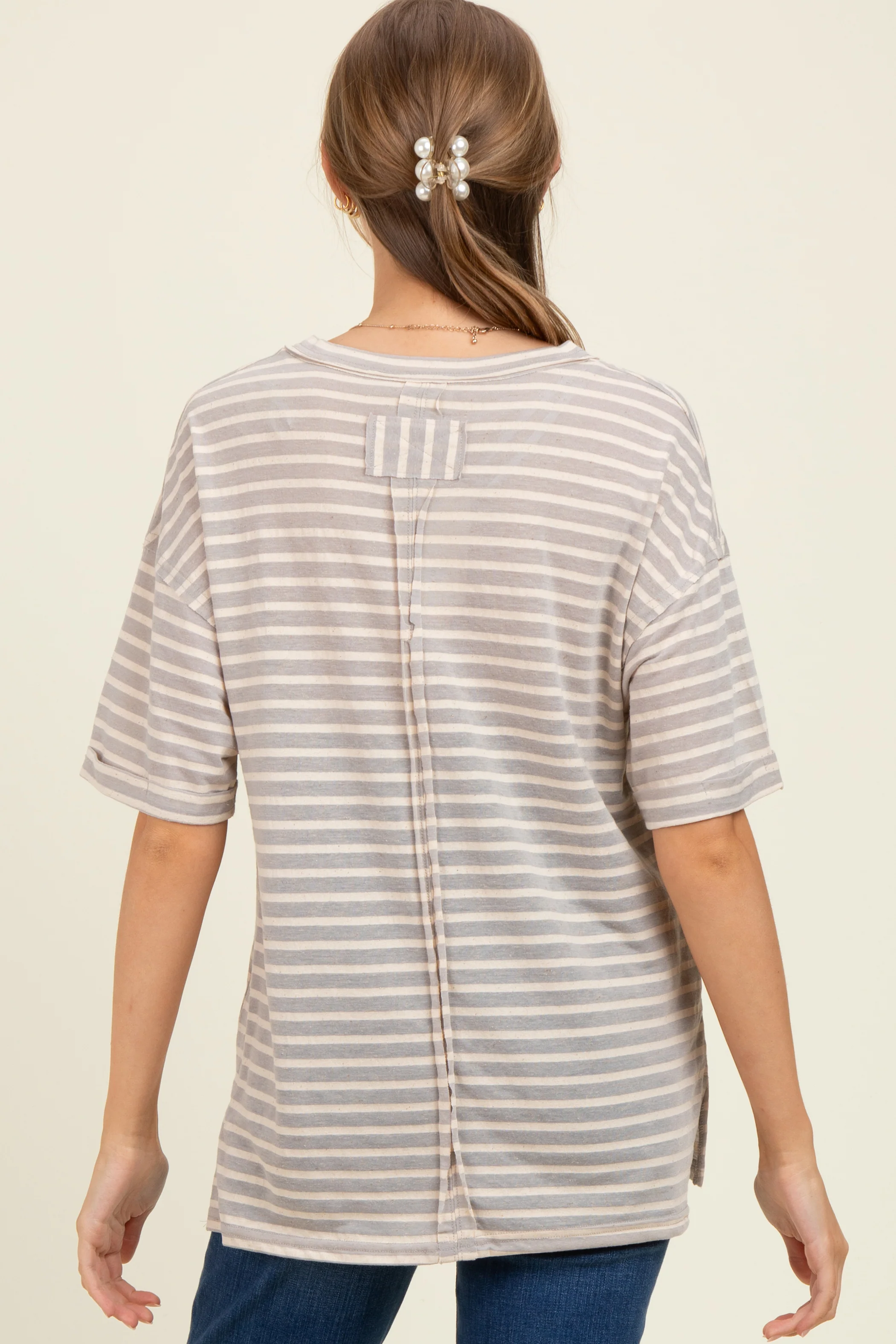 Grey Striped Oversized V-Neck Front Pocket Maternity T-Shirt - Image 3