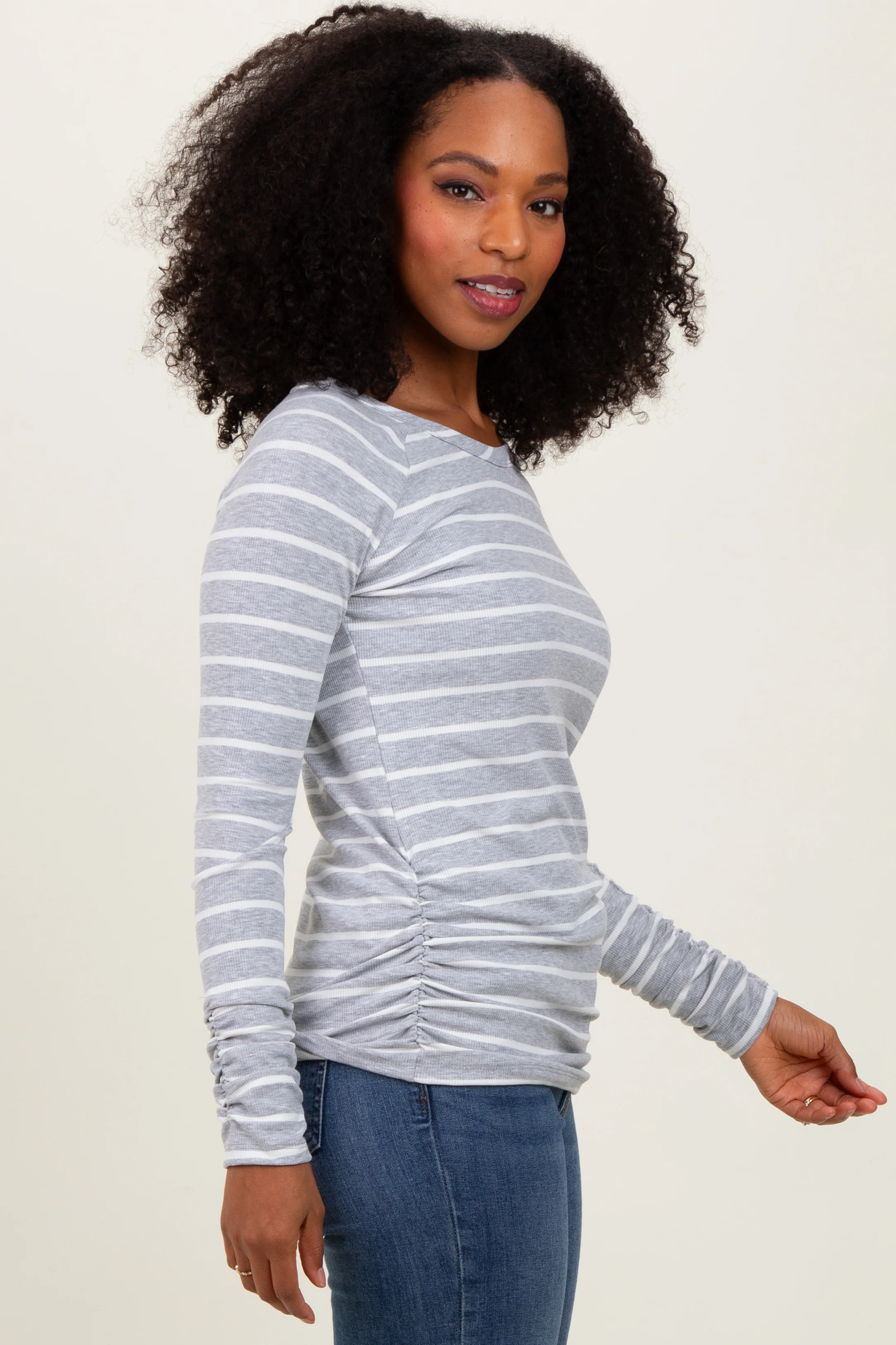 Grey Striped Ruched Side Long Sleeve Top - Image 3