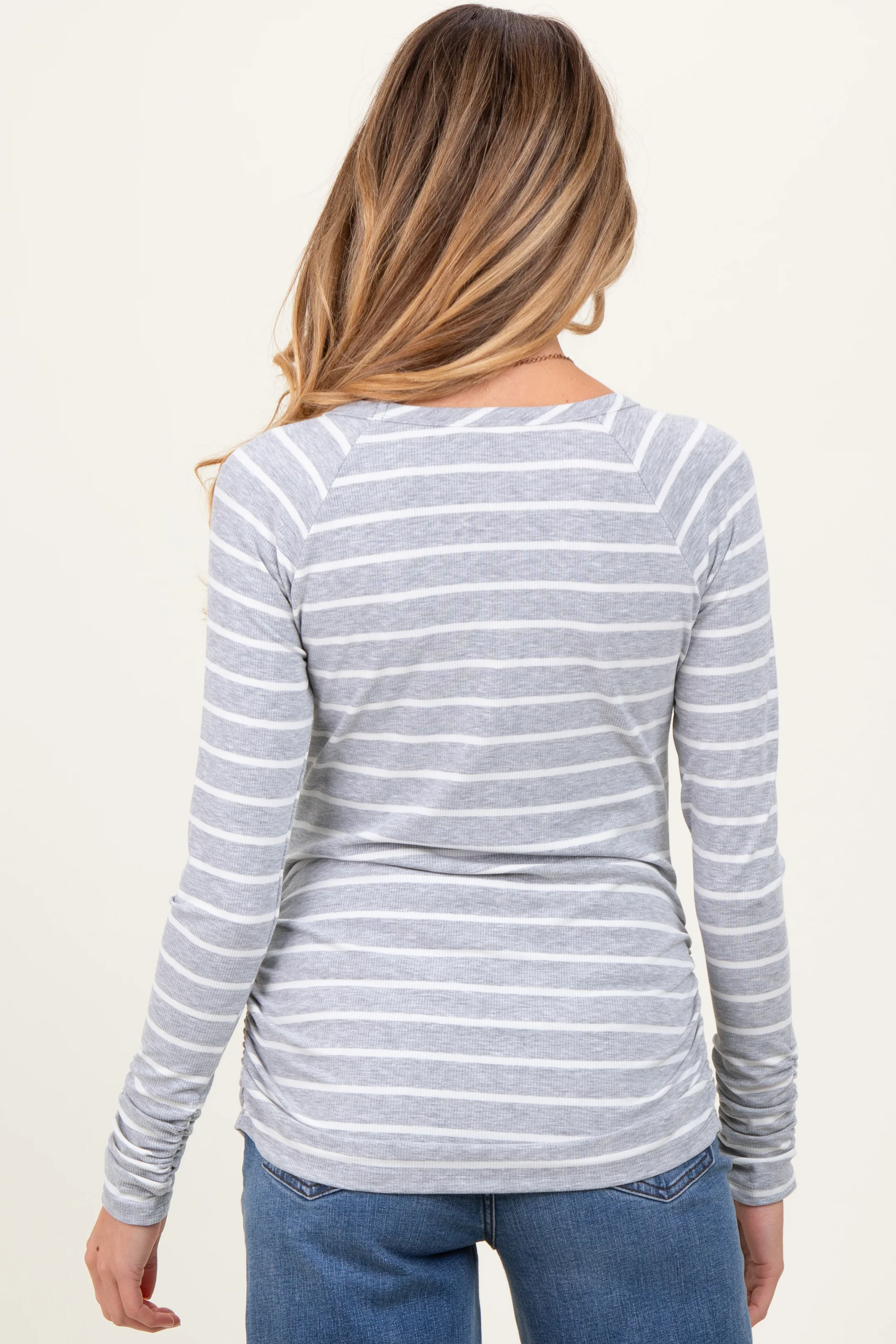 Grey Striped Ruched Side Maternity Long Sleeve Top - Image 3