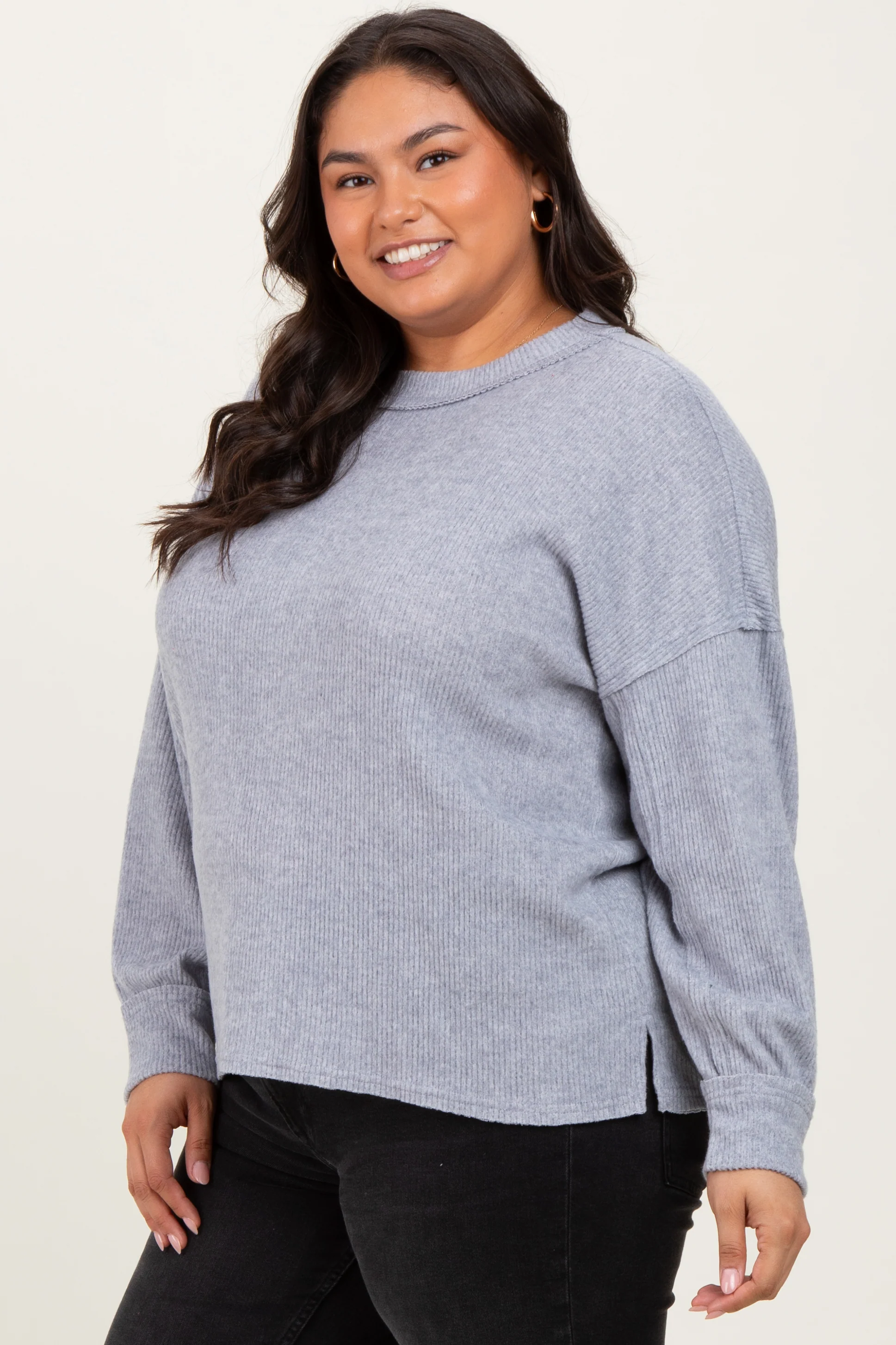 Heather Grey Brushed Ribbed Knit Plus Pullover - Image 3