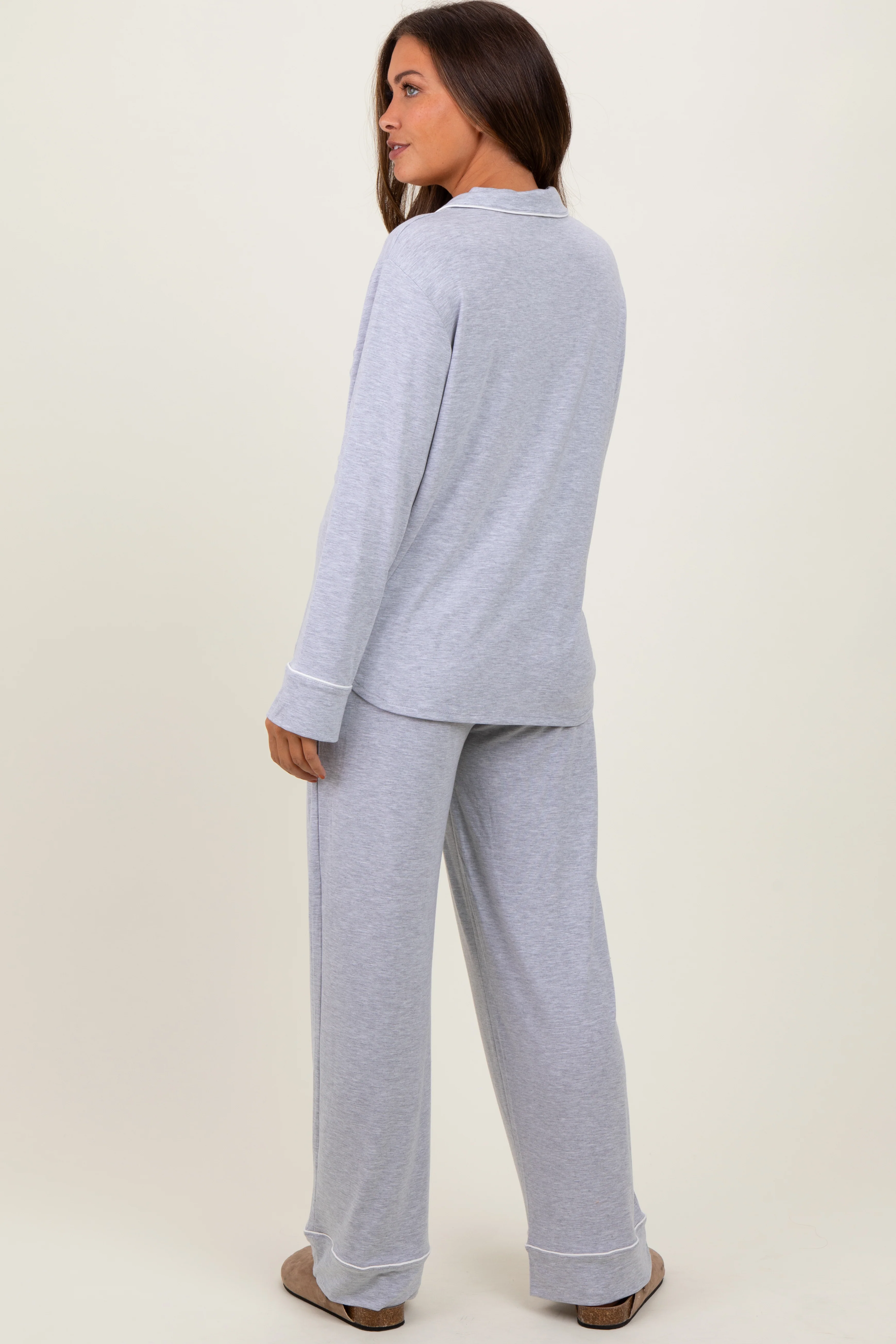 Heather Grey Button Down Top Wide Leg Pant Maternity Pajama Set - Image 4