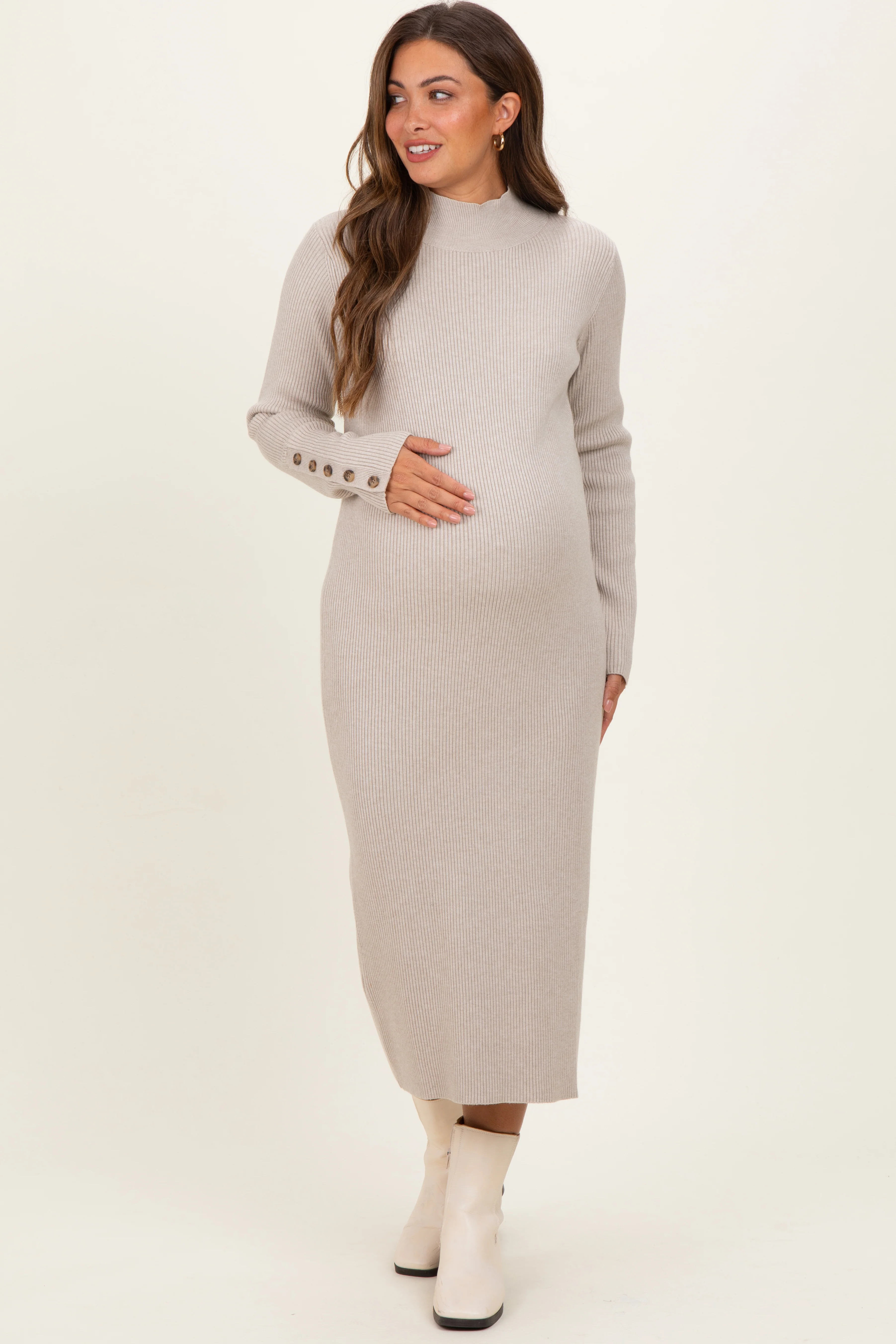 Heather Grey Button Sleeve Sweater Maternity Midi Dress - Image 3