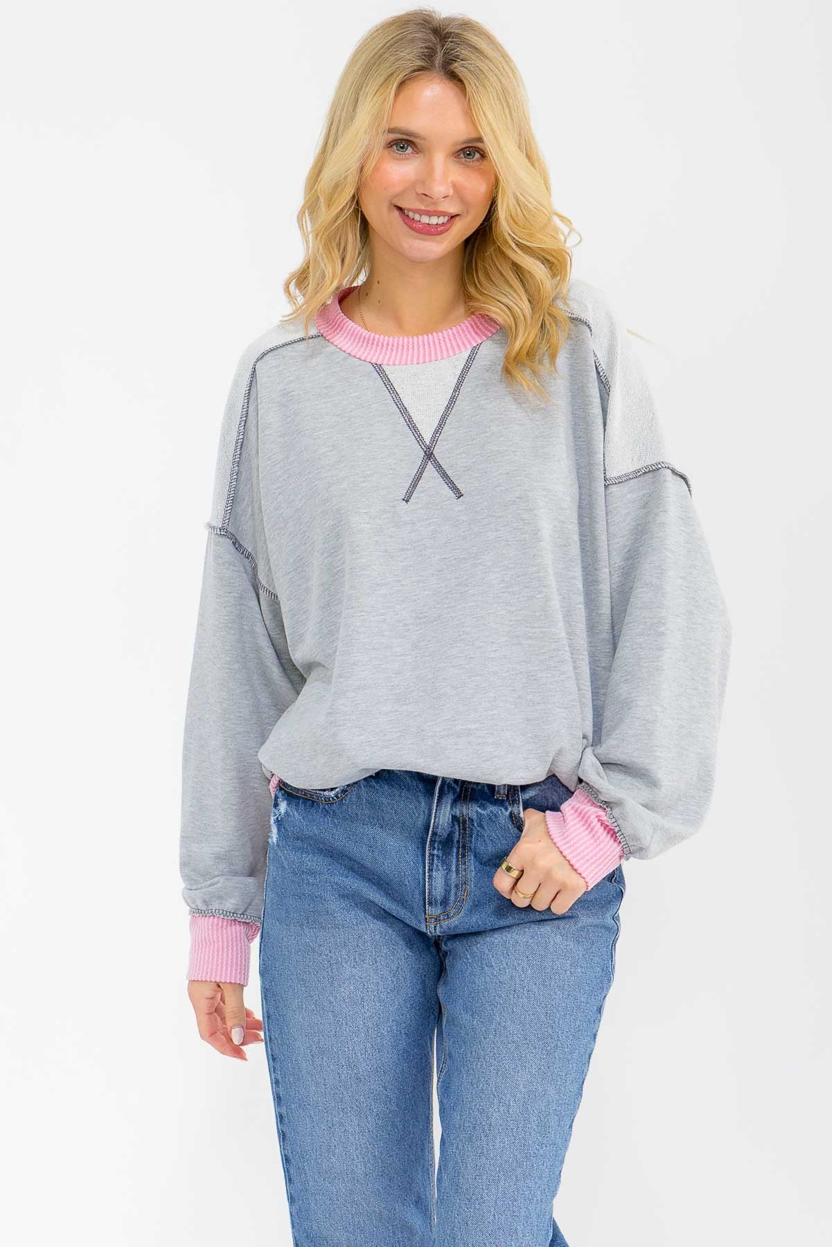 Heather Grey Contrast Band Exposed Seam Maternity Pullover - Image 5