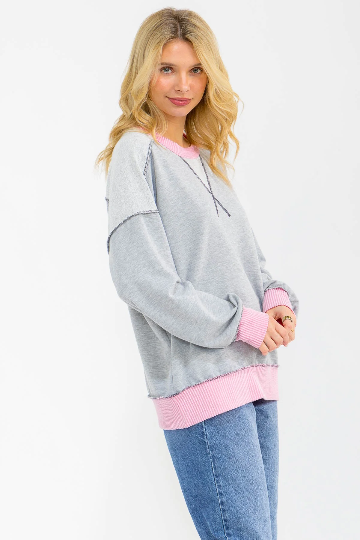 Heather Grey Contrast Band Exposed Seam Pullover - Image 3